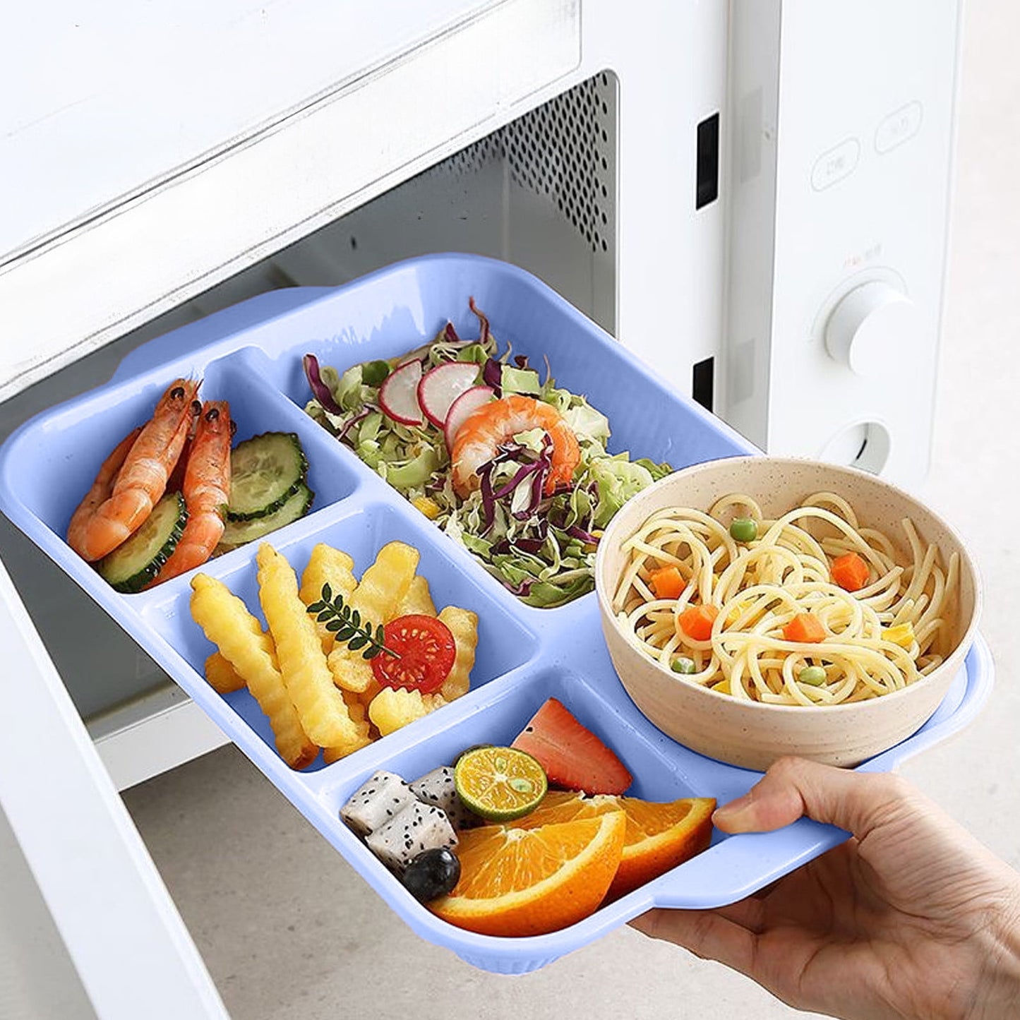 Darzheoy Unbreakable Divided Plates, 5-Compartment Wheat Straw Tray Divided Food Plates Lunch Trays Section Plates for Kids Adults, Microwave Dishwasher Safe, BPA Free Blue
