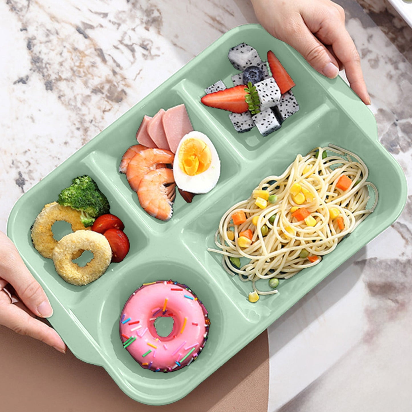 Darzheoy Unbreakable Divided Plates, 5-Compartment Wheat Straw Tray Divided Food Plates Lunch Trays Section Plates for Kids Adults, Microwave Dishwasher Safe, BPA Free Green