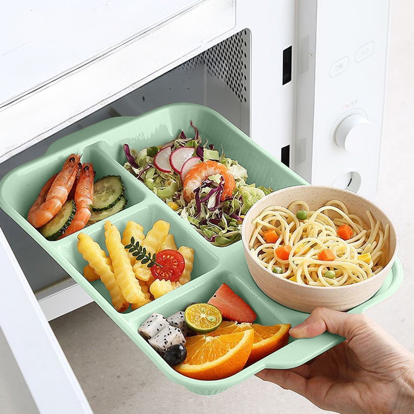Darzheoy Unbreakable Divided Plates, 5-Compartment Wheat Straw Tray Divided Food Plates Lunch Trays Section Plates for Kids Adults, Microwave Dishwasher Safe, BPA Free Green