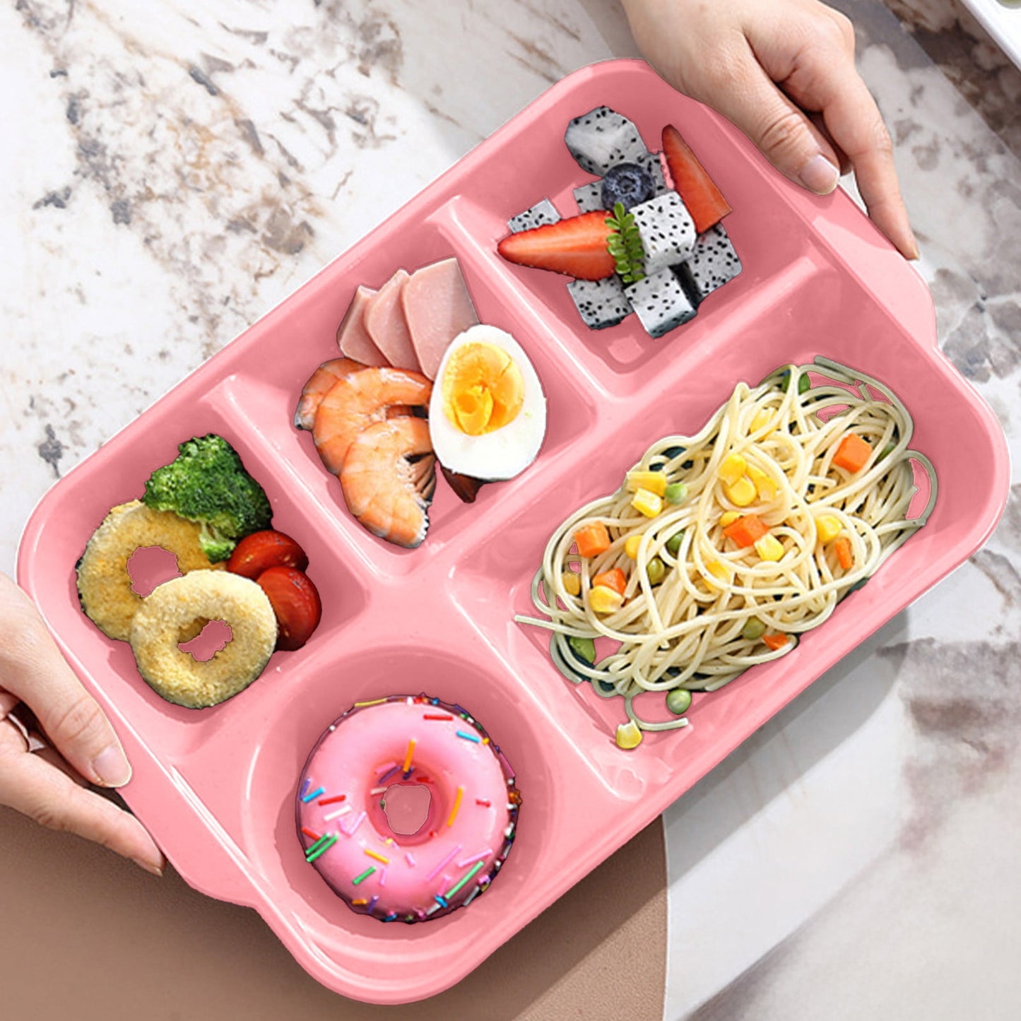 Darzheoy Unbreakable Divided Plates, 5-Compartment Wheat Straw Tray Divided Food Plates Lunch Trays Section Plates for Kids Adults, Microwave Dishwasher Safe, BPA Free Pink
