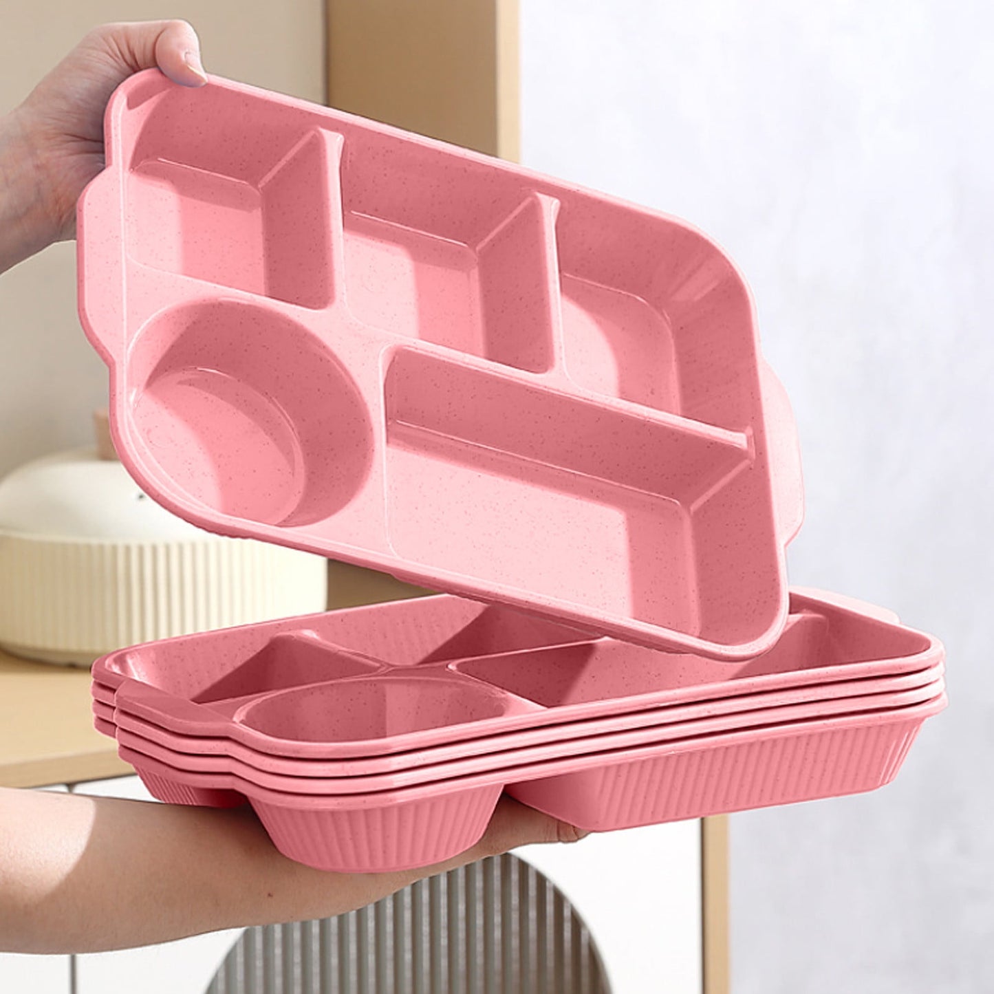 Darzheoy Unbreakable Divided Plates, 5-Compartment Wheat Straw Tray Divided Food Plates Lunch Trays Section Plates for Kids Adults, Microwave Dishwasher Safe, BPA Free Pink