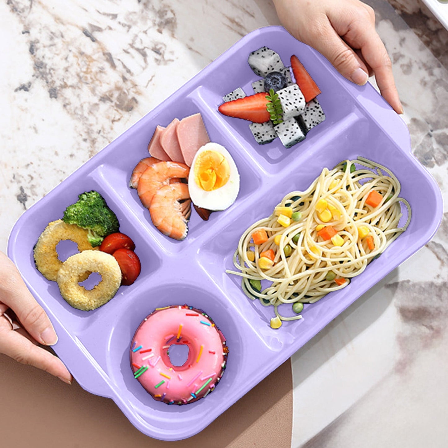 Darzheoy Unbreakable Divided Plates, 5-Compartment Wheat Straw Tray Divided Food Plates Lunch Trays Section Plates for Kids Adults, Microwave Dishwasher Safe, BPA Free Purple