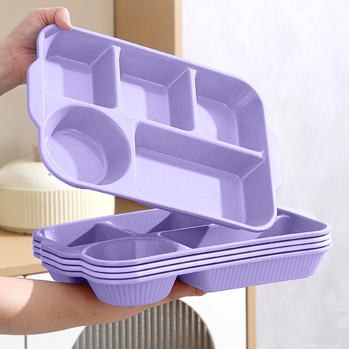 Darzheoy Unbreakable Divided Plates, 5-Compartment Wheat Straw Tray Divided Food Plates Lunch Trays Section Plates for Kids Adults, Microwave Dishwasher Safe, BPA Free Purple