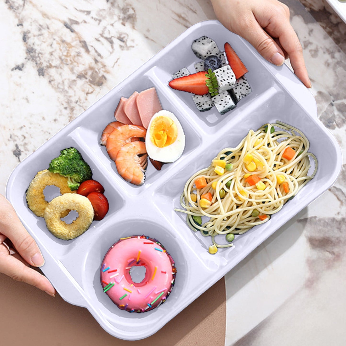 Darzheoy Unbreakable Divided Plates, 5-Compartment Wheat Straw Tray Divided Food Plates Lunch Trays Section Plates for Kids Adults, Microwave Dishwasher Safe, BPA Free White