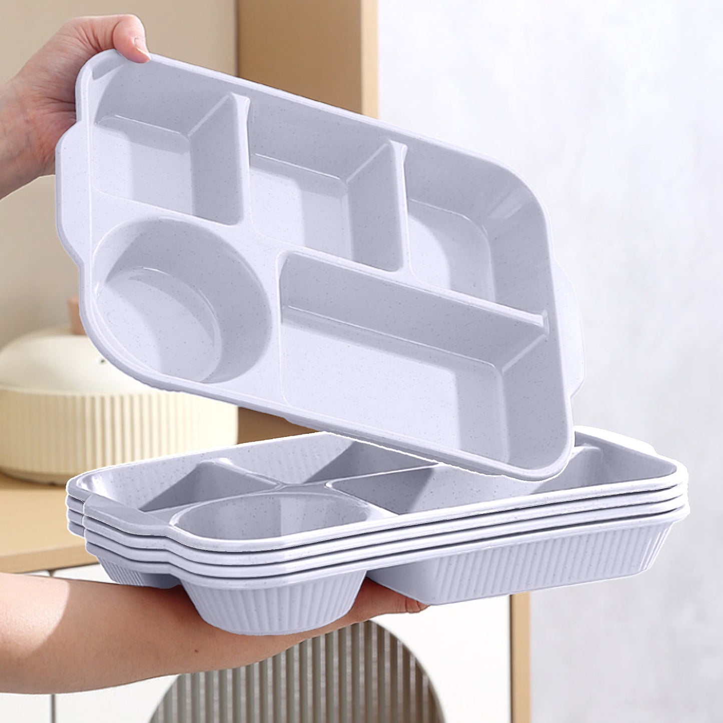 Darzheoy Unbreakable Divided Plates, 5-Compartment Wheat Straw Tray Divided Food Plates Lunch Trays Section Plates for Kids Adults, Microwave Dishwasher Safe, BPA Free White