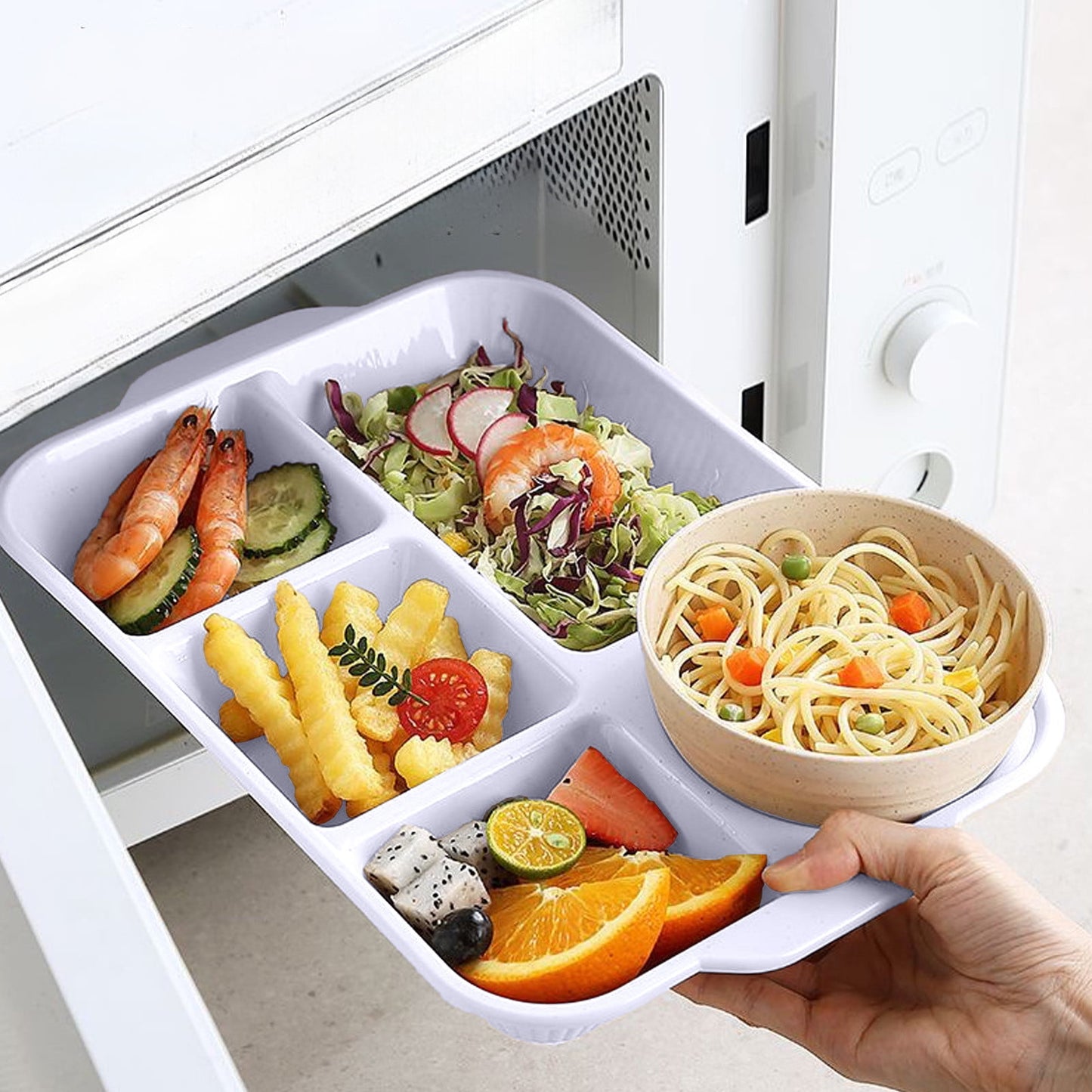 Darzheoy Unbreakable Divided Plates, 5-Compartment Wheat Straw Tray Divided Food Plates Lunch Trays Section Plates for Kids Adults, Microwave Dishwasher Safe, BPA Free White