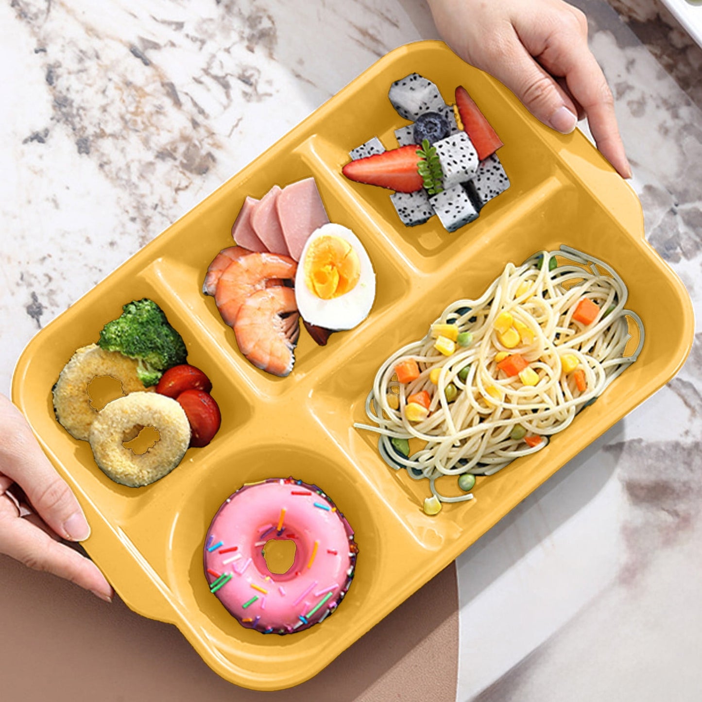 Darzheoy Unbreakable Divided Plates, 5-Compartment Wheat Straw Tray Divided Food Plates Lunch Trays Section Plates for Kids Adults, Microwave Dishwasher Safe, BPA Free Yellow