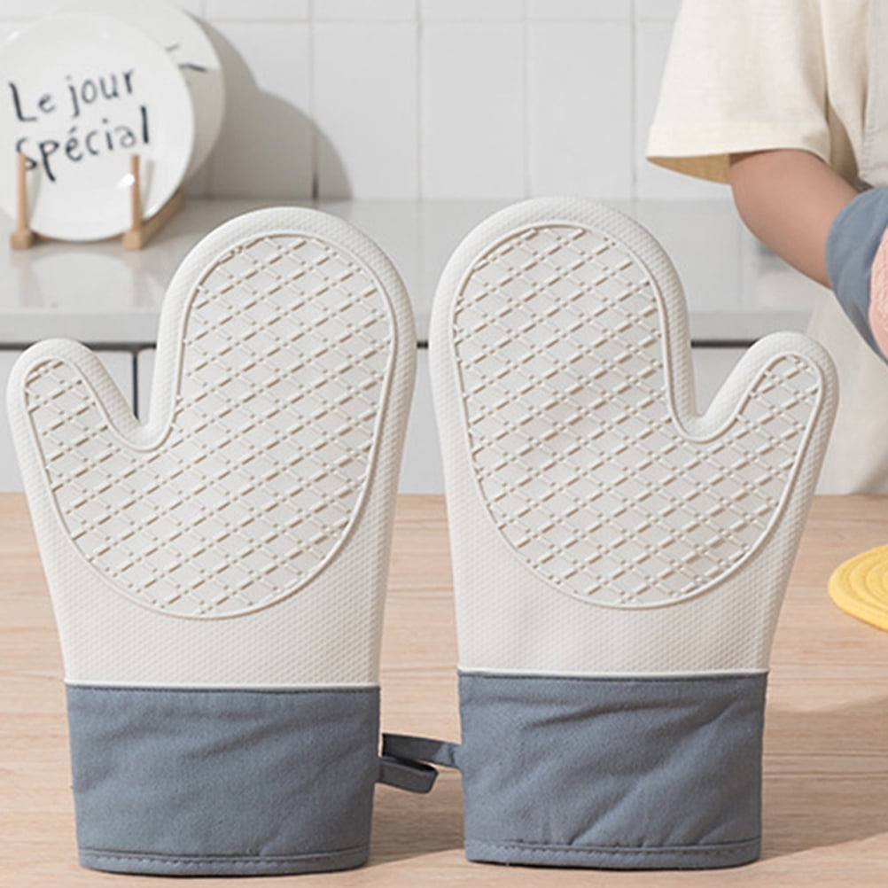 HOOWIFFY Silicone Oven Mitts Baking Gloves White 2 Pieces for Kitchen Cooking