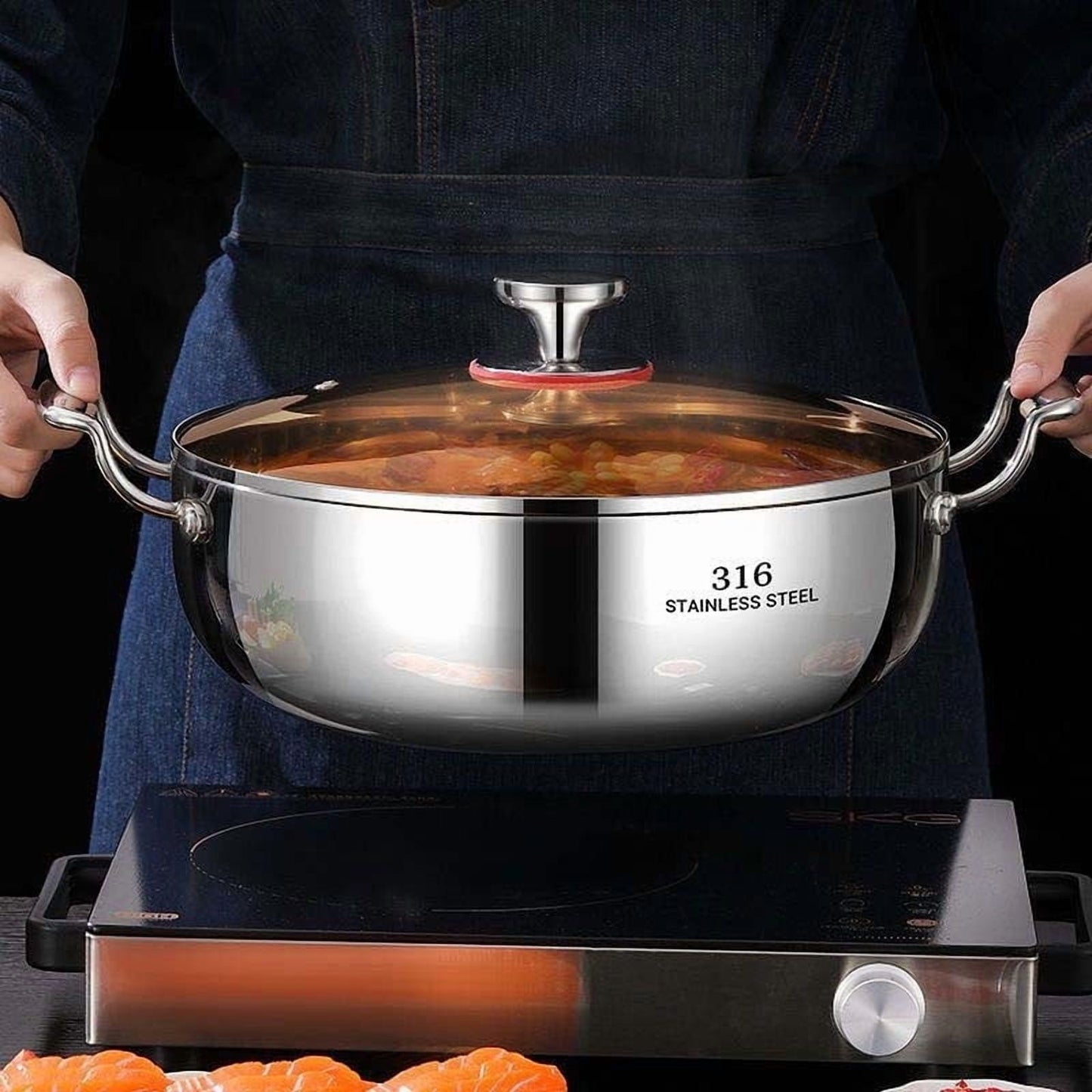 Darzheoy 316 Stainless Steel Hot Pot with Lid Large Pots for Cooking Thick Bottom Stew Soup Pots with Lid Stockpot for Pasta, Soup, Simmer Kitchens Appliances Multicolor