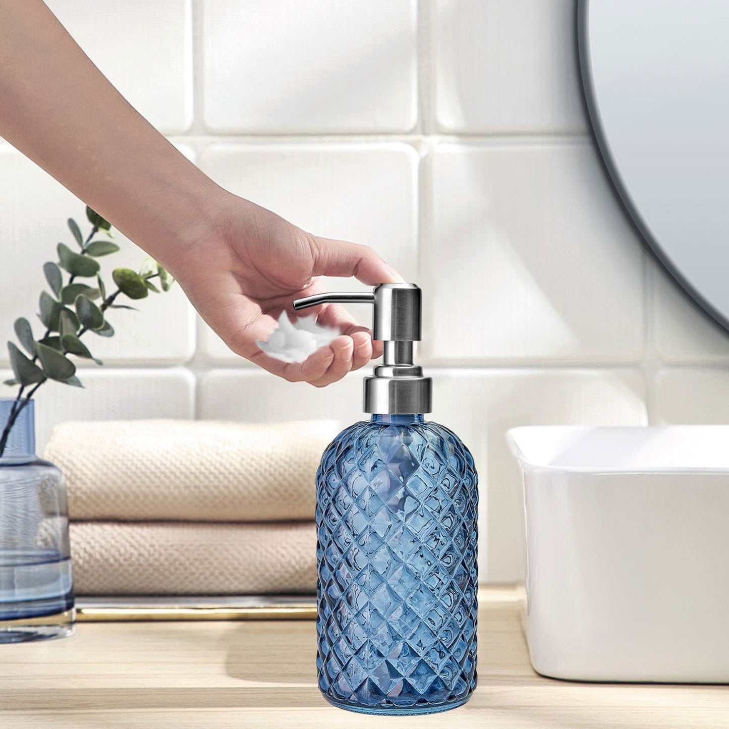 Darzheoy Glass Soap Dispenser 15 Oz for Bathroom Kitchen, Hand Soap/Lotion Dispenser with Plastic Pump Blue