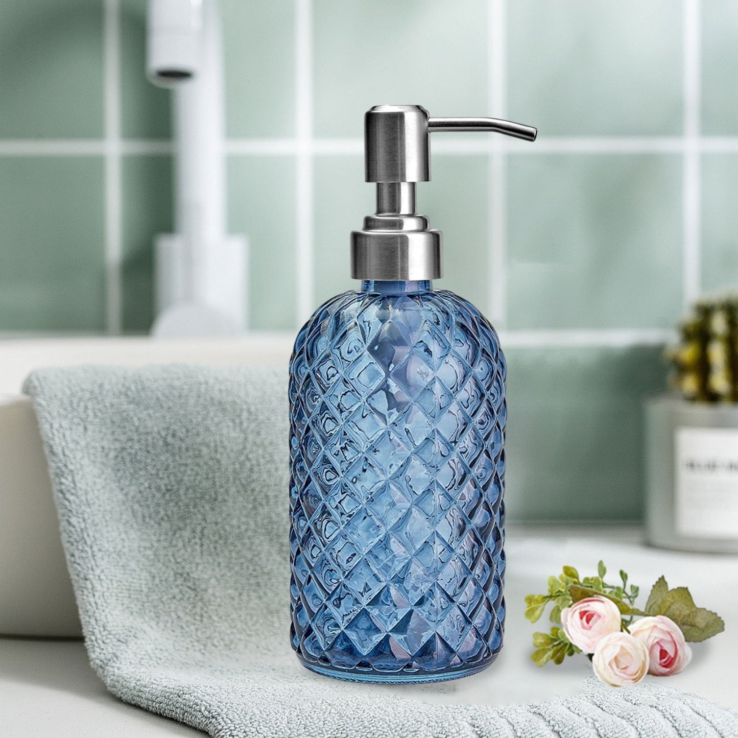 Darzheoy Glass Soap Dispenser 15 Oz for Bathroom Kitchen, Hand Soap/Lotion Dispenser with Plastic Pump Blue
