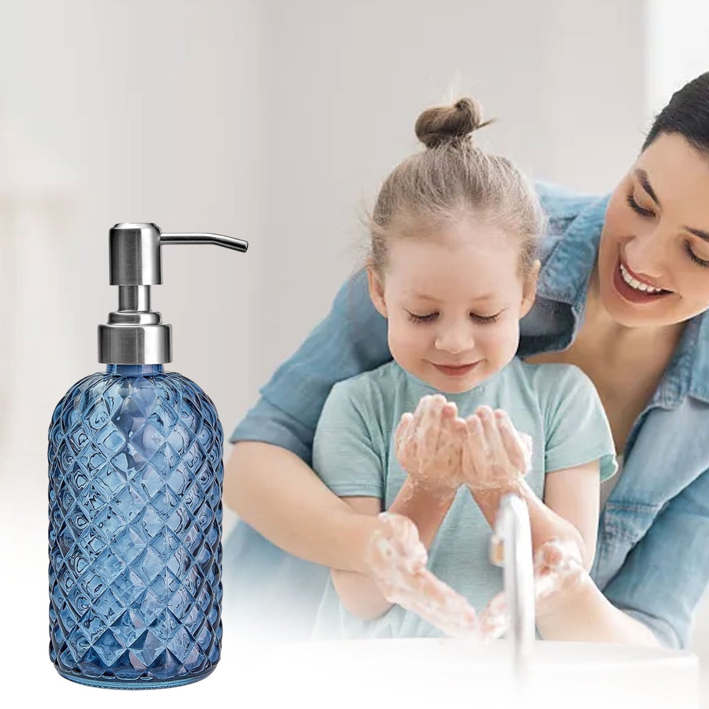 Darzheoy Glass Soap Dispenser 15 Oz for Bathroom Kitchen, Hand Soap/Lotion Dispenser with Plastic Pump Blue