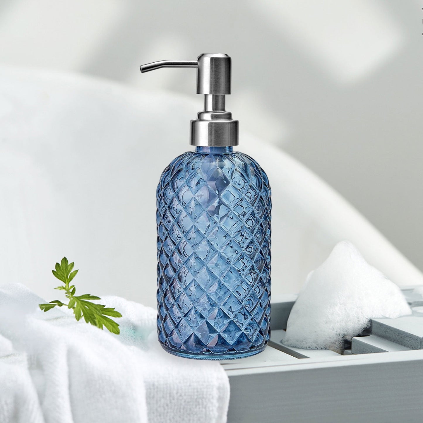 Darzheoy Glass Soap Dispenser 15 Oz for Bathroom Kitchen, Hand Soap/Lotion Dispenser with Plastic Pump Blue