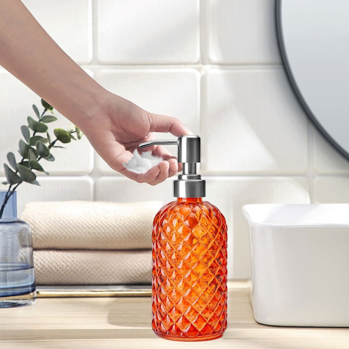 Darzheoy Glass Soap Dispenser 15 Oz for Bathroom Kitchen, Hand Soap/Lotion Dispenser with Plastic Pump Orange