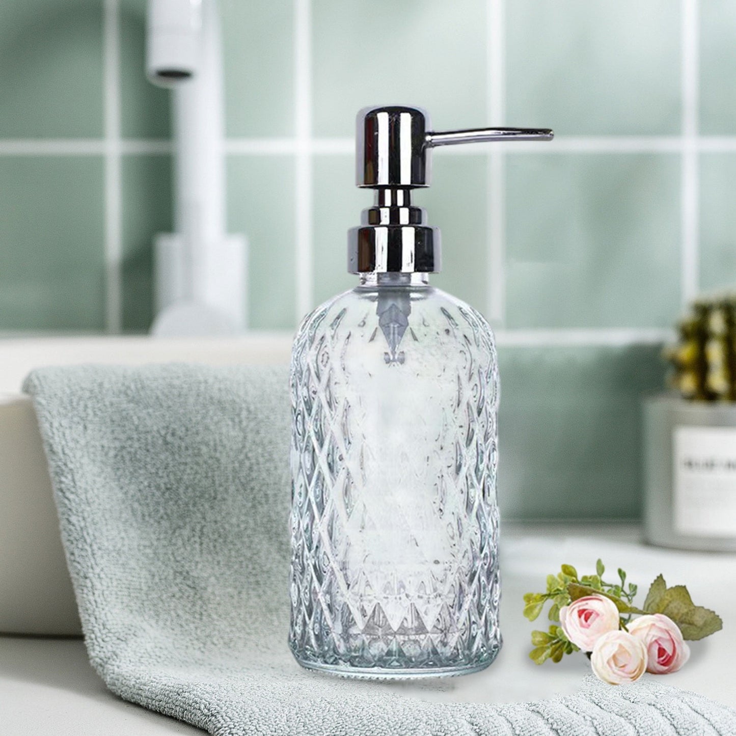 Darzheoy Glass Soap Dispenser 15 Oz for Bathroom Kitchen, Hand Soap/Lotion Dispenser with Plastic Pump White