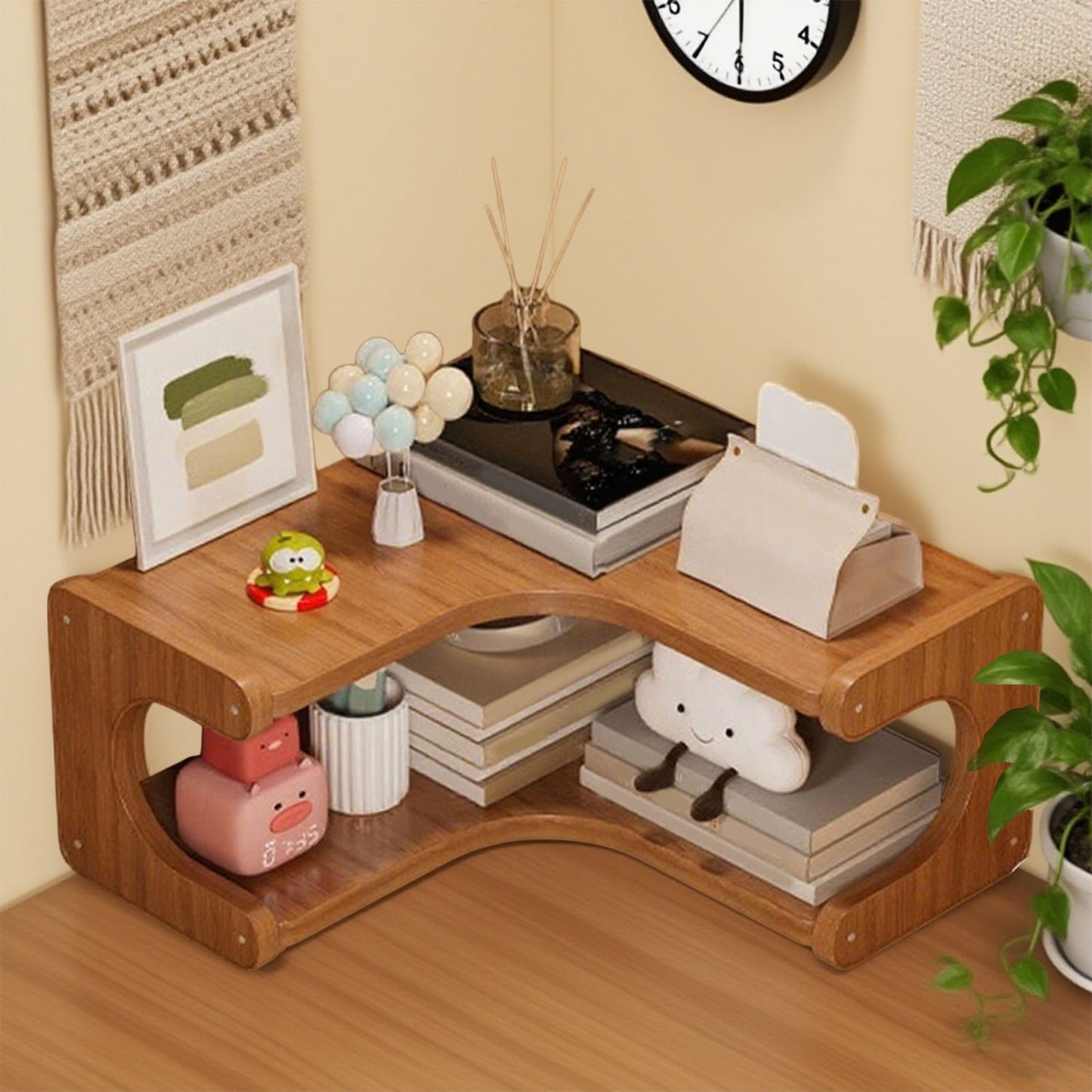 Kdkad 2-Tier Corner Desk Shelf 14x5 Inch Solid Wood Organizer for Kitchen/Bathroom/ice Multi-Functional Storage Rack Space-Saving Display Stand for Mugs & Supplies