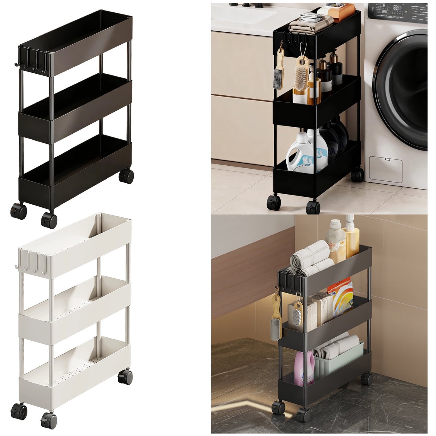 Kdkad Slim Space Saver Rolling Cart, 4.7-Inch Wide Storage Organizer with Wheels for Bathroom, Laundry Room, Between Washer & Toilet, 3-Tier Slim Design Black