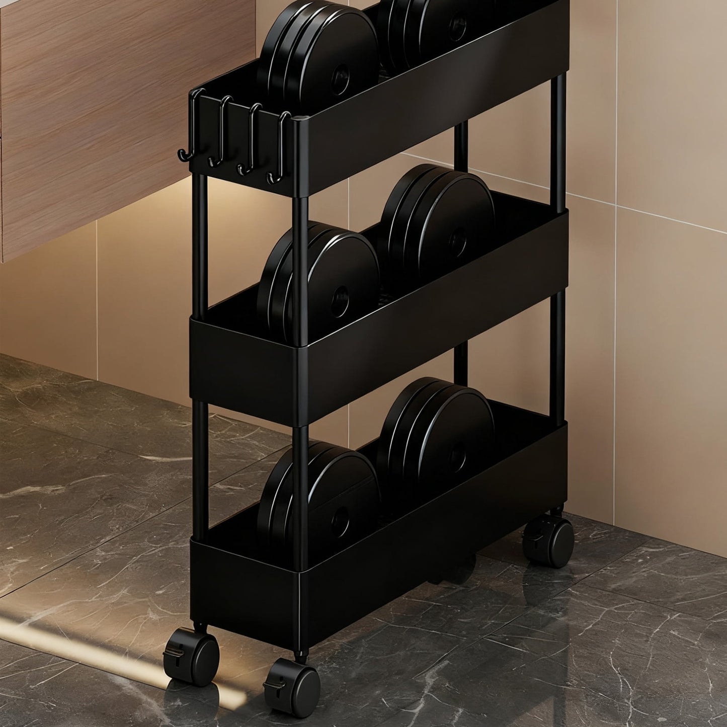 Kdkad Slim Space Saver Rolling Cart, 4.7-Inch Wide Storage Organizer with Wheels for Bathroom, Laundry Room, Between Washer & Toilet, 3-Tier Slim Design Black