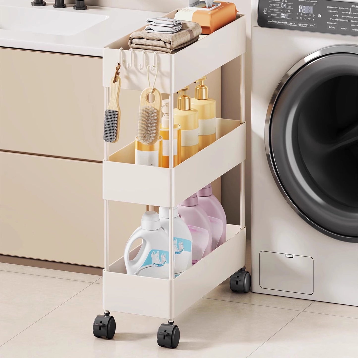 Kdkad Slim Space Saver Rolling Cart, 4.7-Inch Wide Storage Organizer with Wheels for Bathroom, Laundry Room, Between Washer & Toilet, 3-Tier Slim Design White