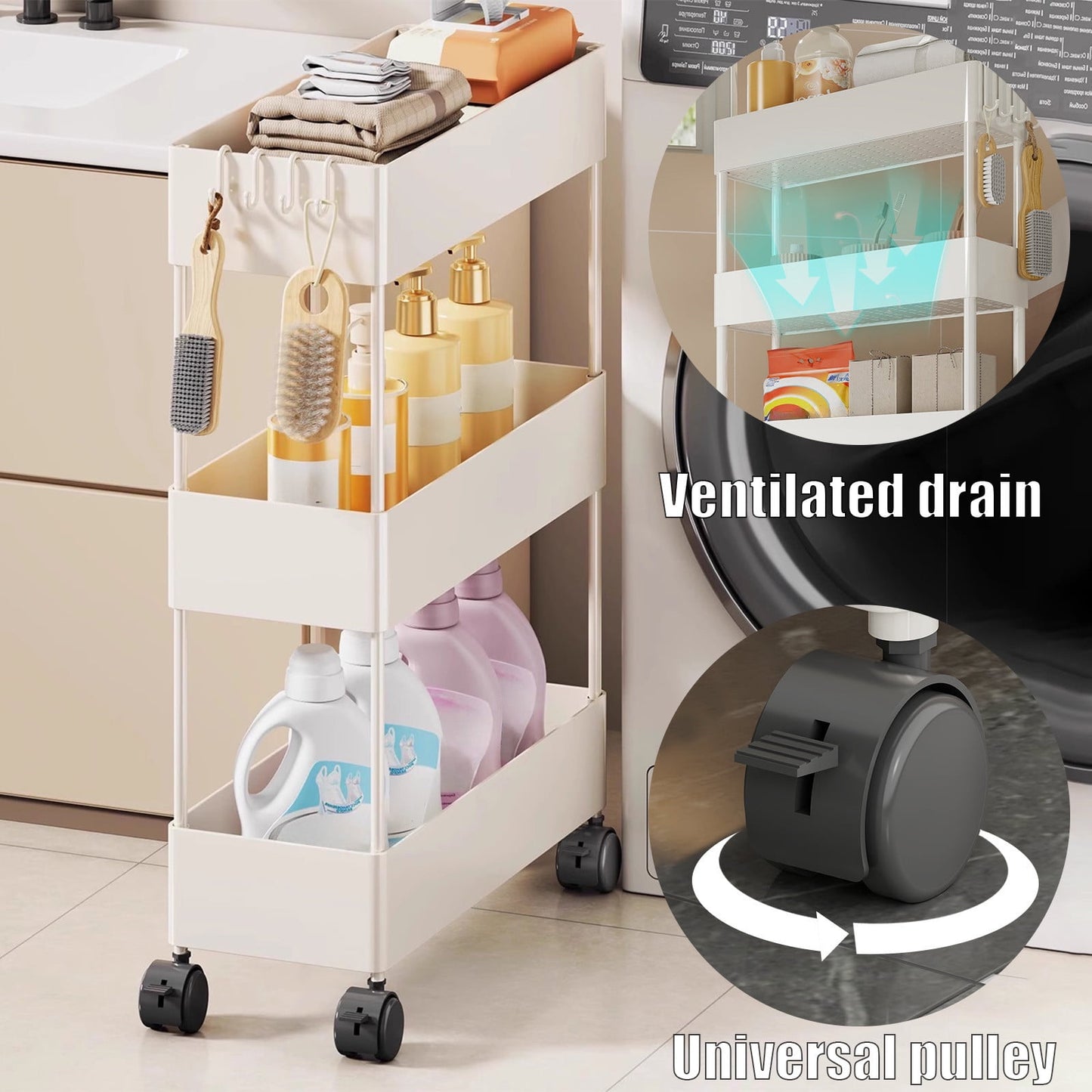 Kdkad Slim Space Saver Rolling Cart, 4.7-Inch Wide Storage Organizer with Wheels for Bathroom, Laundry Room, Between Washer & Toilet, 3-Tier Slim Design White
