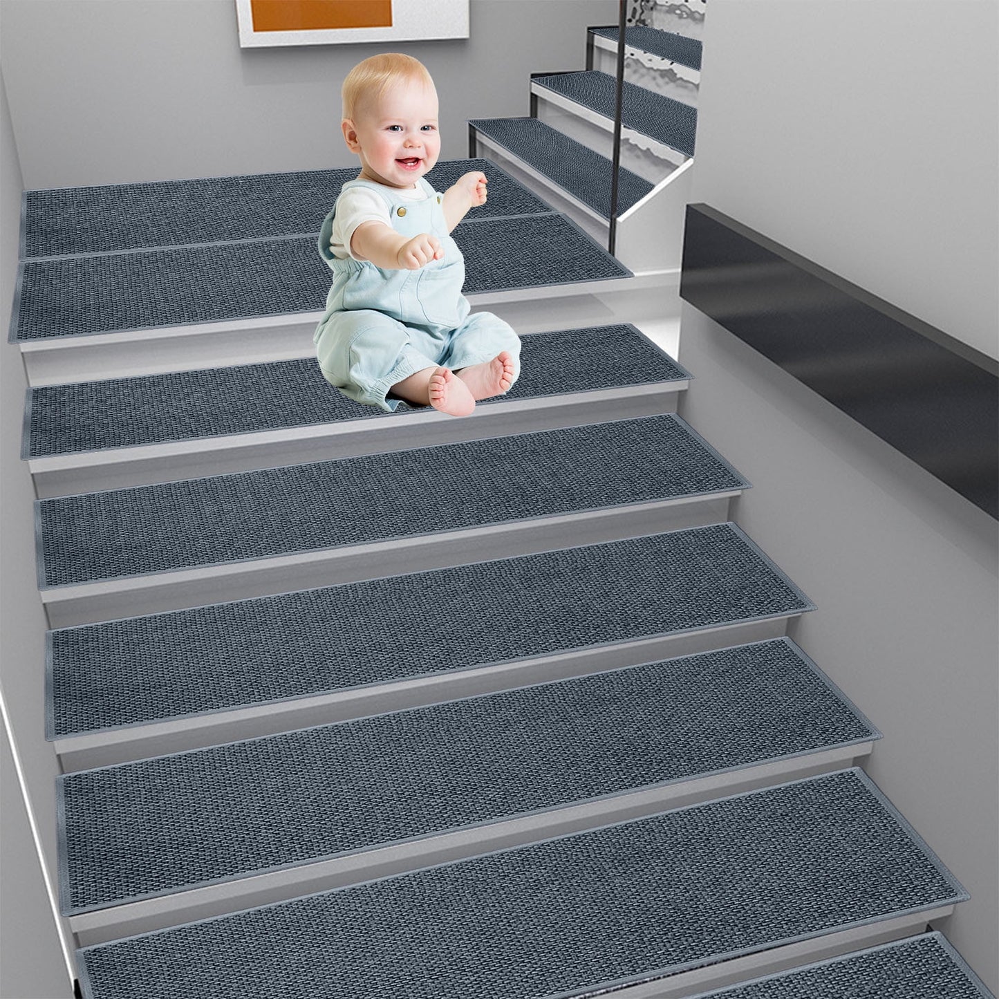 Chmadoxn 4-Piece Non-Slip Stair Treads, Self-Adhesive Striped Carpet Mats, Absorbent & Quiet Step Pads, Can Be Cut to Fit, Washable for Indoor Staircase Safety\u200b\u200b Gray 1