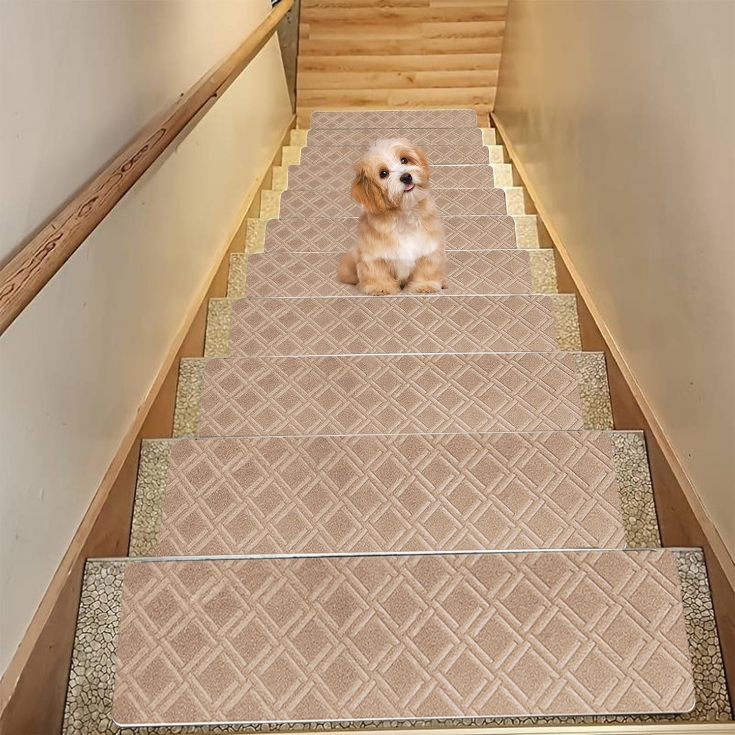 Chmadoxn 4-Piece Non-Slip Stair Treads, Self-Adhesive Striped Carpet Mats, Absorbent & Quiet Step Pads, Can Be Cut to Fit, Washable for Indoor Staircase Safety\u200b\u200b Khaki