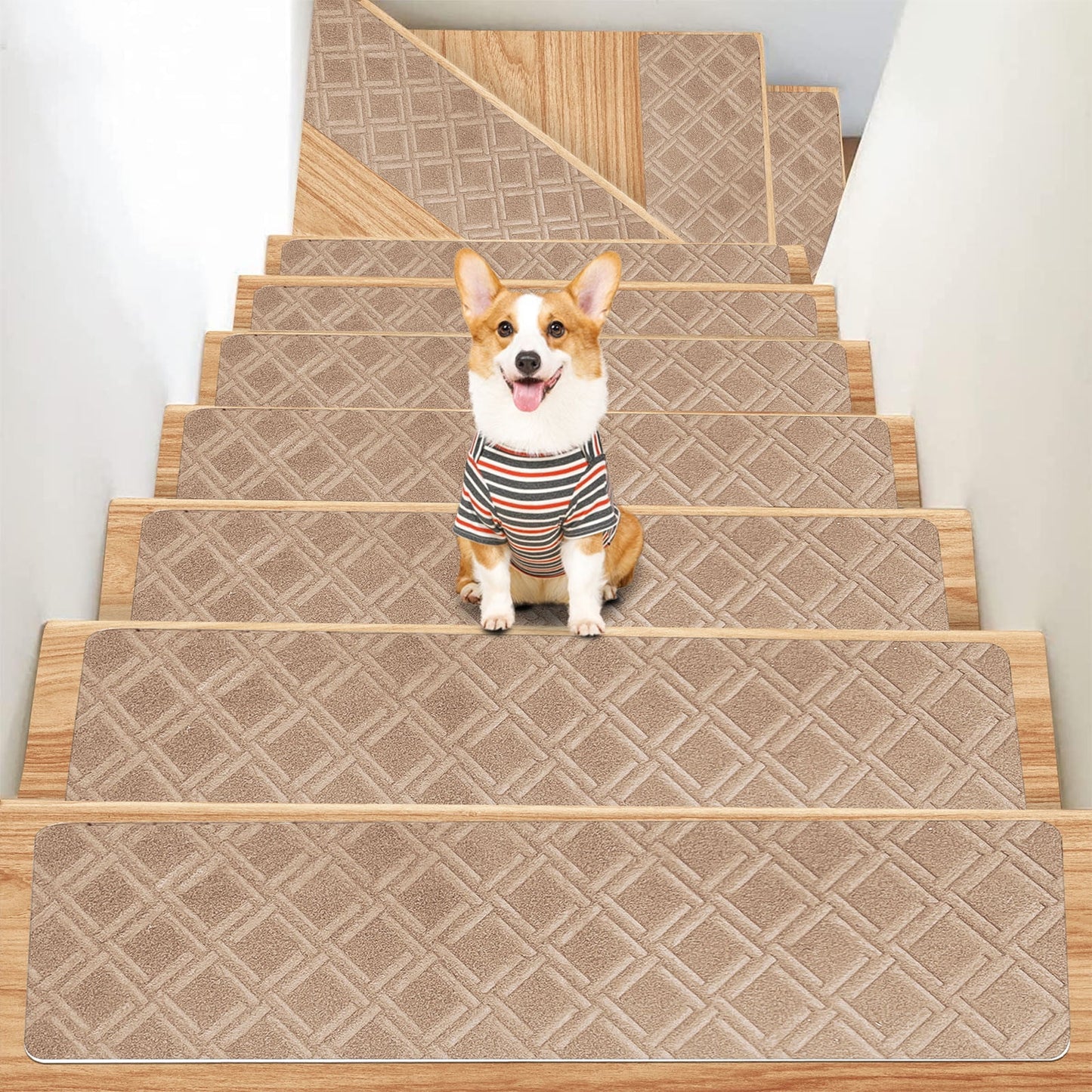 Chmadoxn 4-Piece Non-Slip Stair Treads, Self-Adhesive Striped Carpet Mats, Absorbent & Quiet Step Pads, Can Be Cut to Fit, Washable for Indoor Staircase Safety\u200b\u200b Khaki