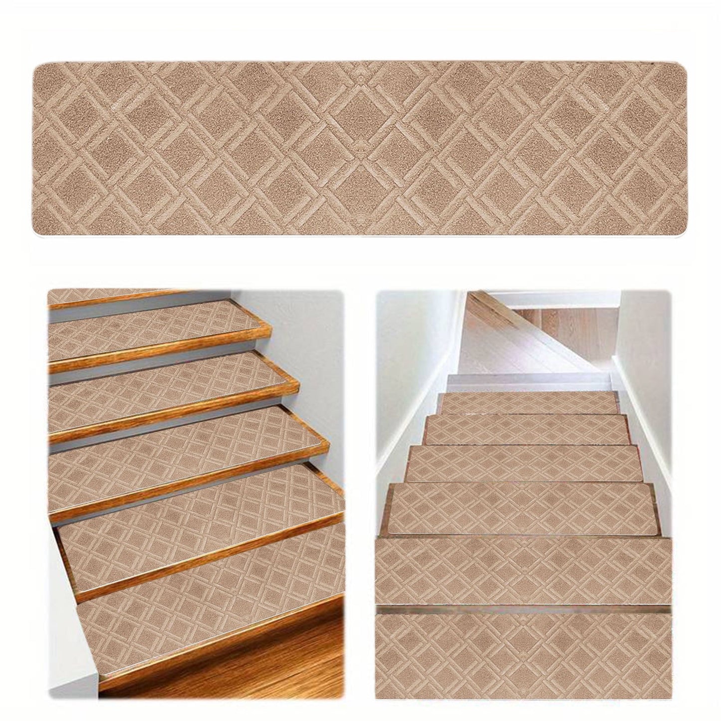 Chmadoxn 4-Piece Non-Slip Stair Treads, Self-Adhesive Striped Carpet Mats, Absorbent & Quiet Step Pads, Can Be Cut to Fit, Washable for Indoor Staircase Safety\u200b\u200b Khaki