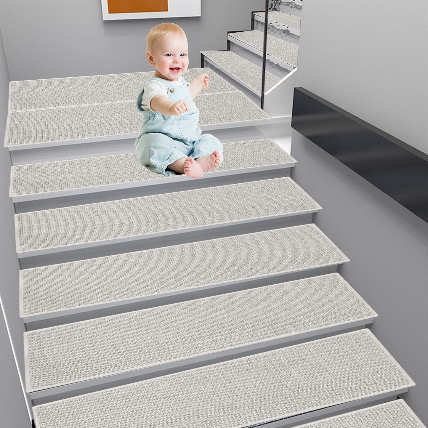 Chmadoxn 4-Piece Non-Slip Stair Treads, Self-Adhesive Striped Carpet Mats, Absorbent & Quiet Step Pads, Can Be Cut to Fit, Washable for Indoor Staircase Safety\u200b\u200b White