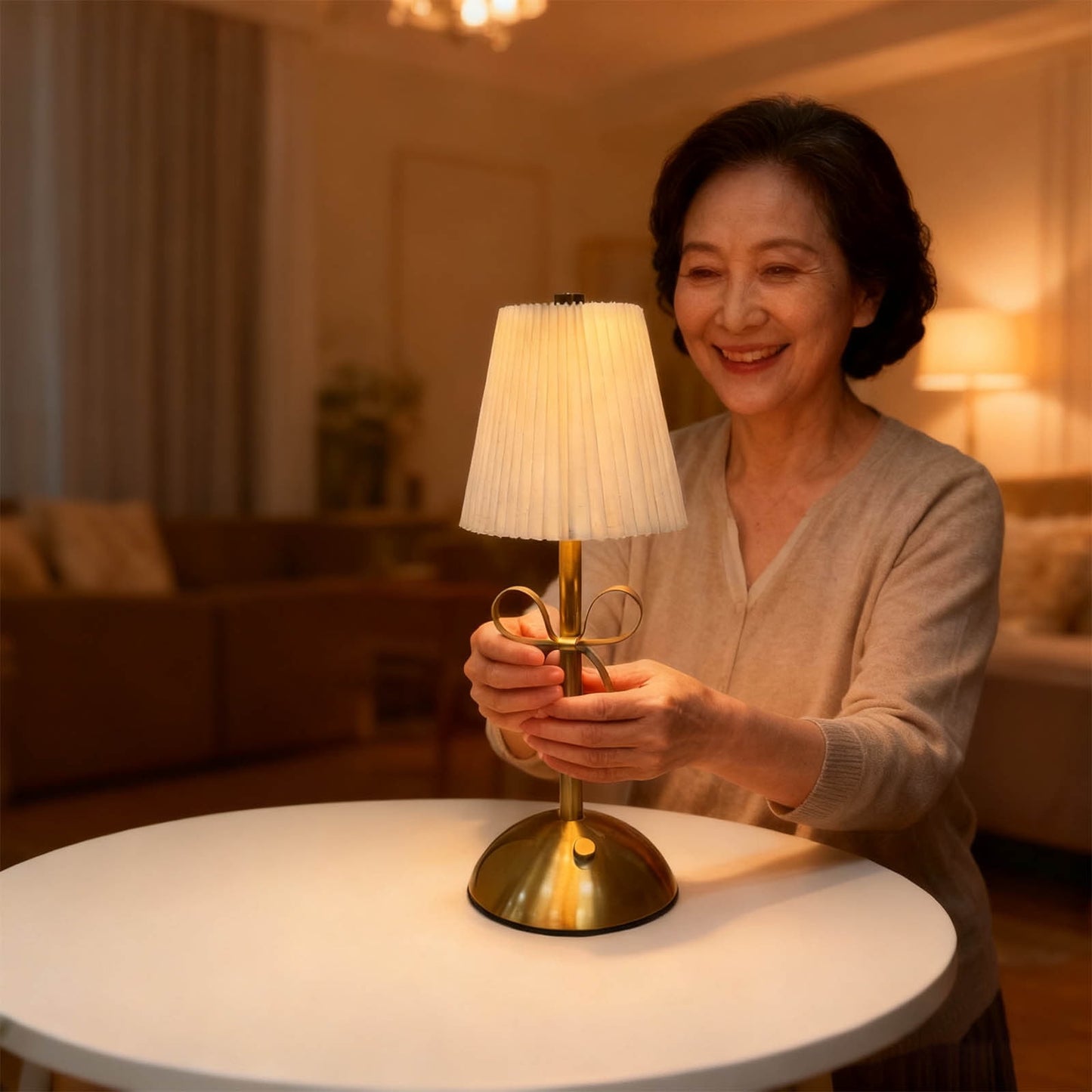 Hometravel USB Bow Table Lamp, Rechargeable Decorative Ambient Light, Metal Base Desk Lamp for Bedroom, Dining Room, Home Decor Beige
