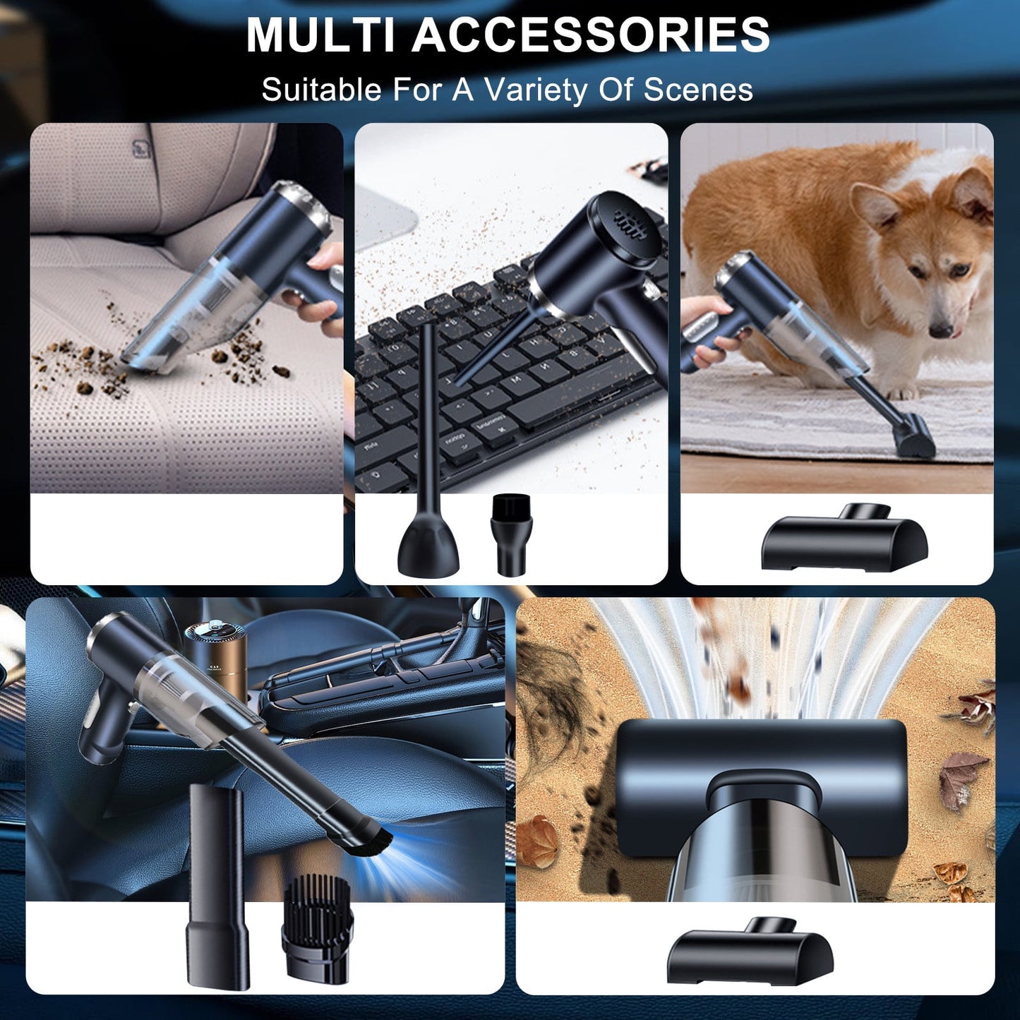 Chmadoxn Cordless Vacuum Cleaner, Portable Handheld Car Vacuum Cleaner - 50W 9000Pa Strong Suction, 7.4V USB Rechargeable, Mini Folding Design with 6 Accessories, Black ABS Dust Buster for Car/Home