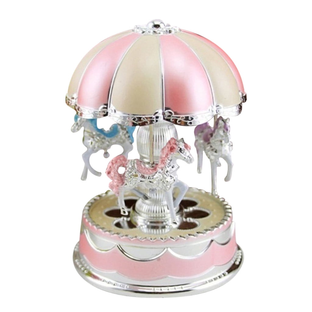 Chmadoxn Music Box Carousel Color Change LED Luminous Light 3-Horse Rotating Windup Musical Gift Melody Castle in The Sky Artware Birthday Gift for Girls Baby Kids Daughter Pink