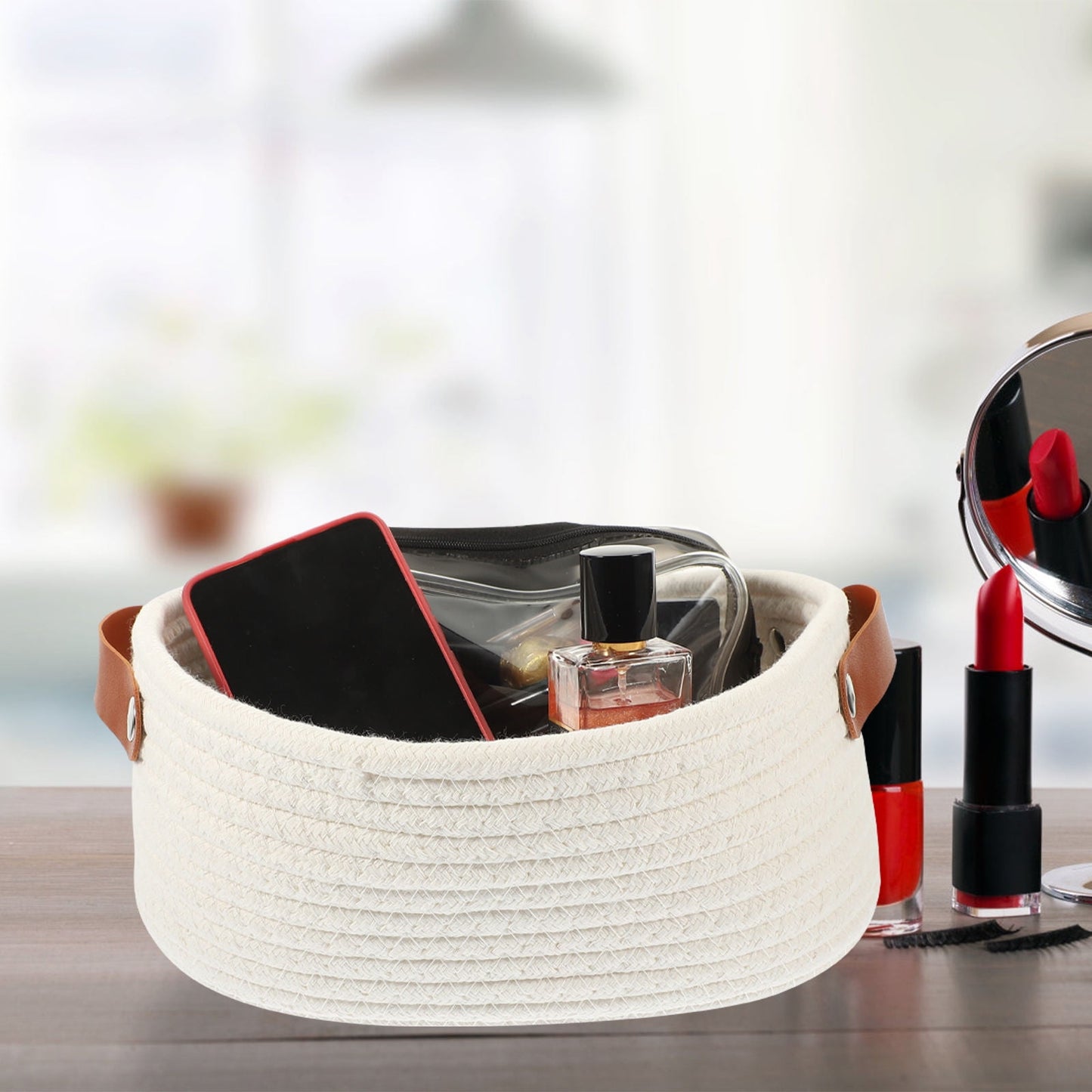 HOOWIFFY White Woven Storage Basket with Handle for Everyday Home Organization and Storage Solutions