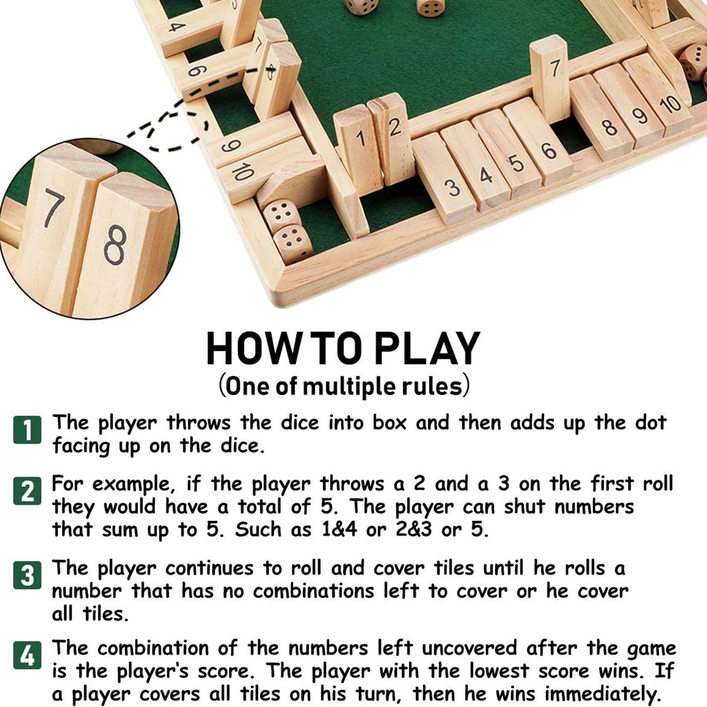 Chmadoxn Games 4 Player Shut The Box Traditional Four Sided Wooden 10 Number Pub Bar Board Dice Game for The Classroom, Home or Pub