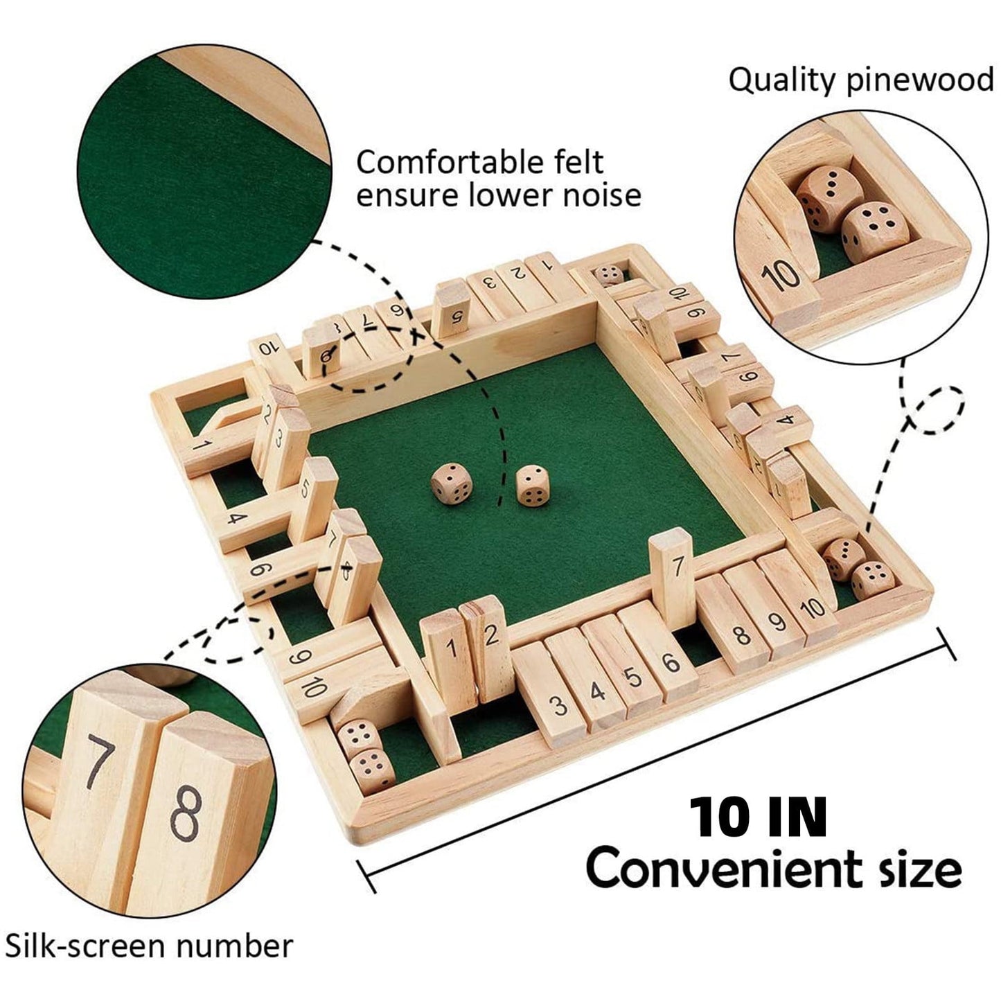 Chmadoxn Games 4 Player Shut The Box Traditional Four Sided Wooden 10 Number Pub Bar Board Dice Game for The Classroom, Home or Pub