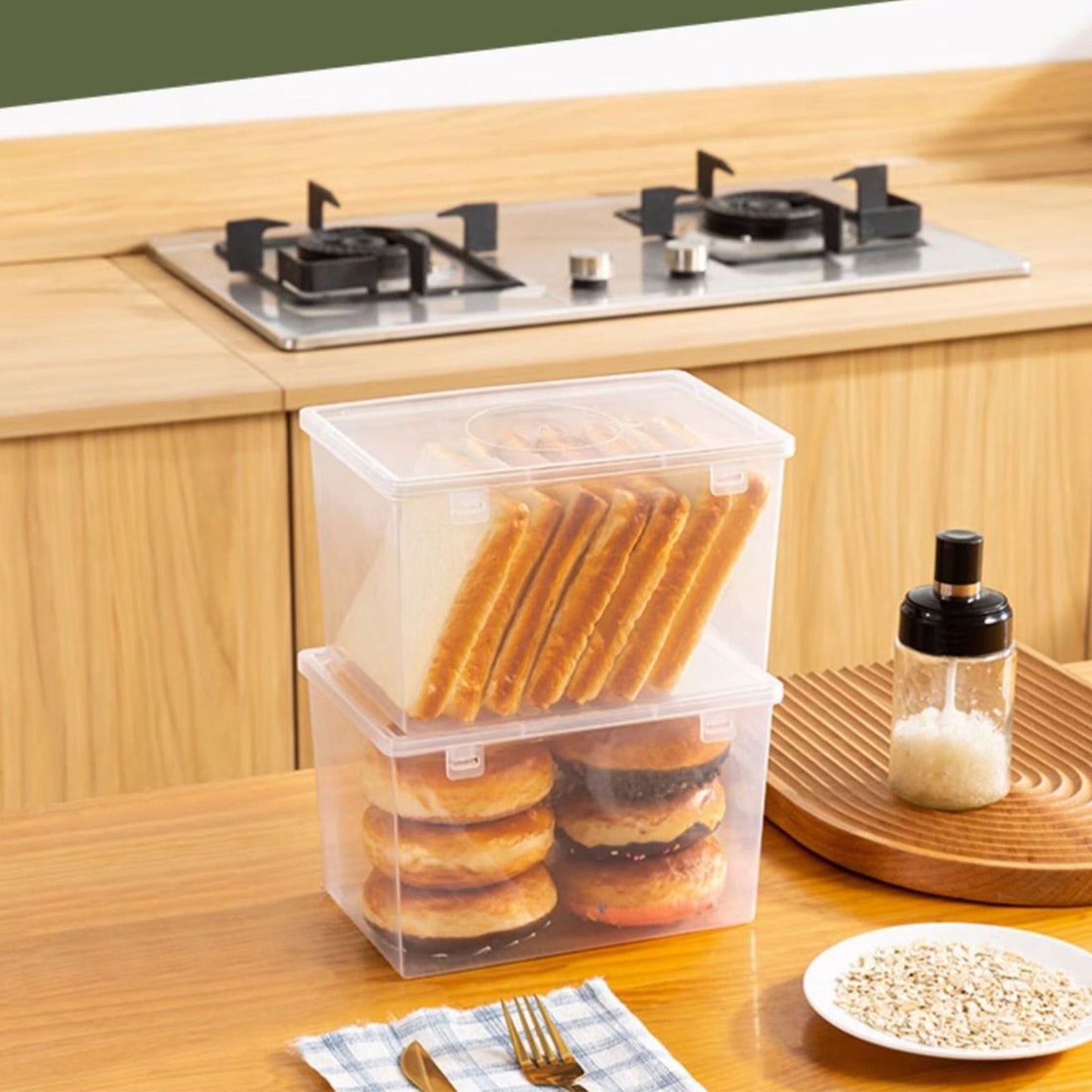 Lksixu Storage Bins with Lids Airtight Bread Storage Containers Bread Bin Plastic Reusable Loaf Cake Clear Bread Dispenser Fresh Bread Organizer Bin （7.48×5.12 in）