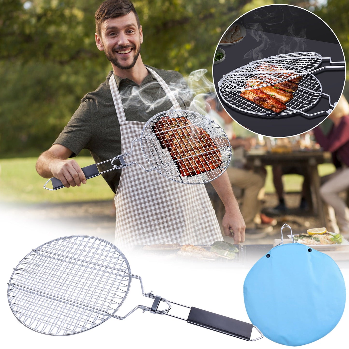 Chmadoxn Extra Large Cooking Surface Grill Clip for Barbecue, Large Foldable Portable Long Handle Wooden Barbecue Camping Outdoor (21.7×11 inch) As Show B