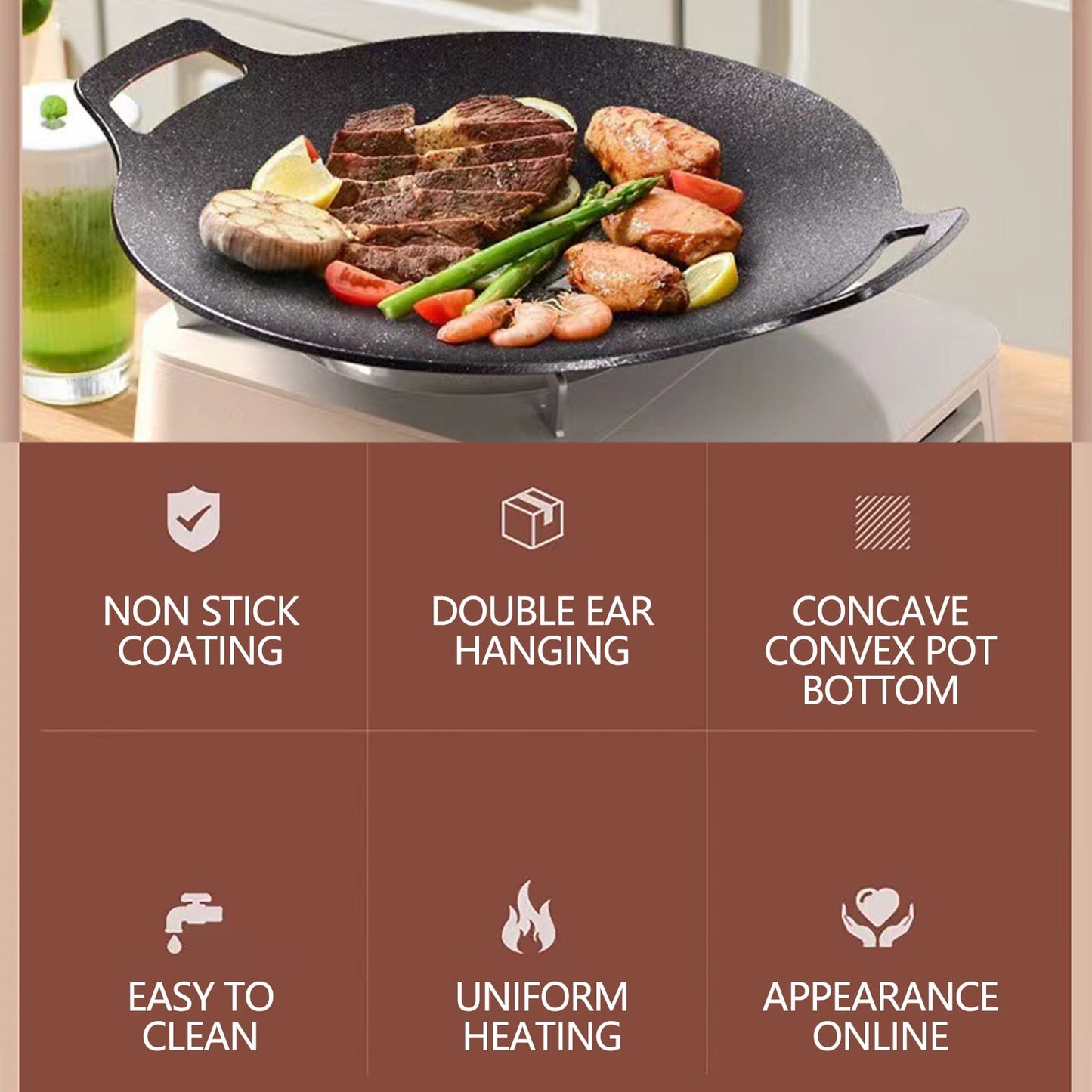Chmadoxn Diameter 10.9 inch Universal Cast Iron Grill Pan, Large Round Cast Iron Pan with Two Handles, Multifunctional Frying Pan As Show B