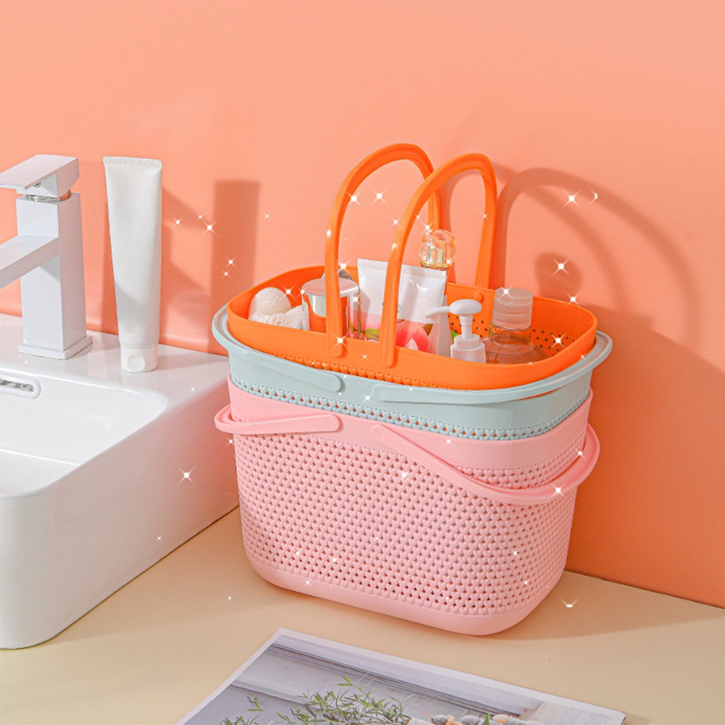 Chmadoxn Portable Shower Tote Plastic Storage Basket with Handle Box Organizer Bin for Bathroom, Pantry, Kitchen, College Dorm (11.22×7.09×7.09 inch) 11.22" x 7.09" x 7.09" Pink 1