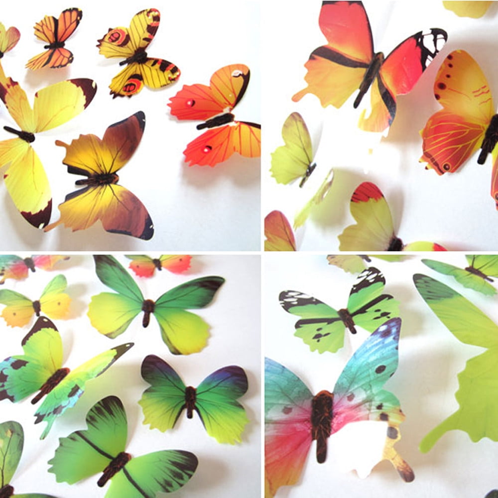 Darzheoy 12Pcs Butterfly Wall Decals, 3D Butterfly Wall Stickers Removable DIY Home Decorations Art Decor Wall Stickers Murals for Kids Bedroom Living Room Classroom Office Yellow
