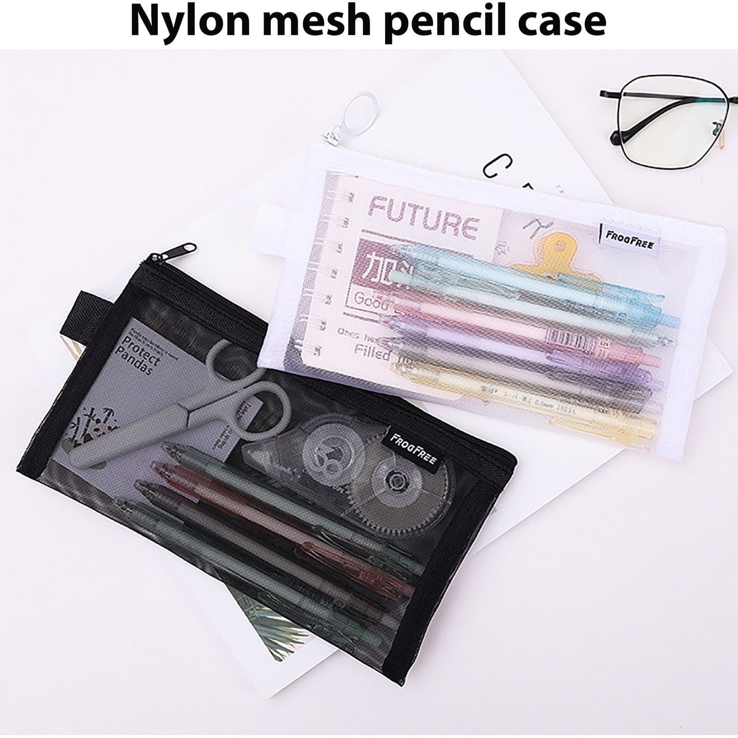 Kdkad Transparent Mesh Pencil Case, Pencil Pouch, Clear Makeup Bags, Nylon Mesh Pen Pouch with Zipper Pencil Case Stationery Storage Bag for Home Office Supplies Cosmetics Travel Accessories 8.3×4.7 in Black