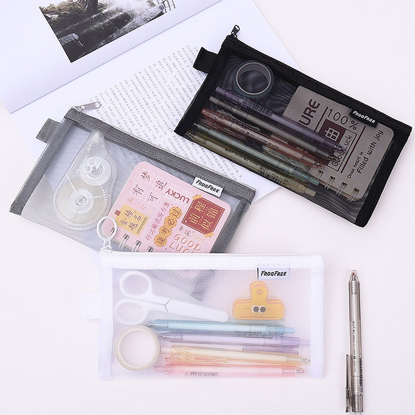 Kdkad Transparent Mesh Pencil Case, Pencil Pouch, Clear Makeup Bags, Nylon Mesh Pen Pouch with Zipper Pencil Case Stationery Storage Bag for Home Office Supplies Cosmetics Travel Accessories 8.3×4.7 in White