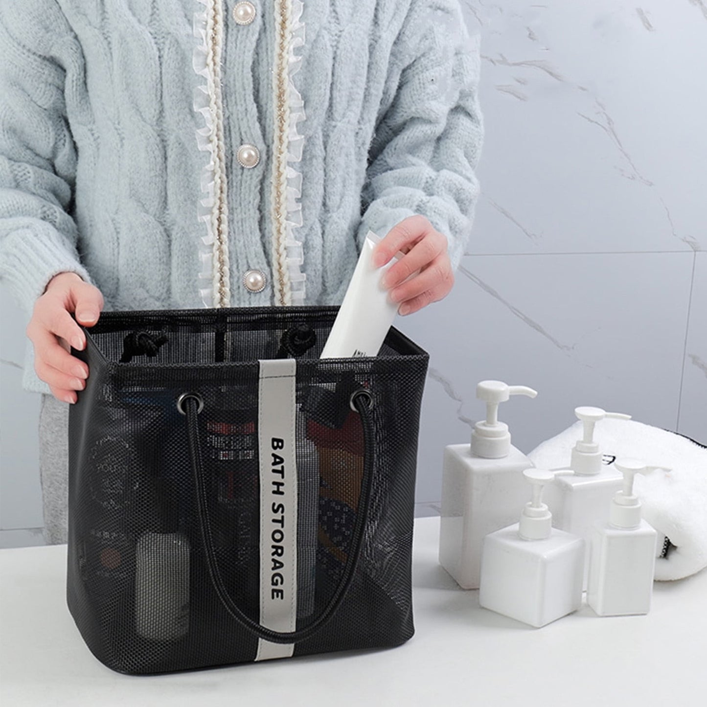 Kdkad Mesh Shower Caddy Freestanding Portable Shower Tote Bag for College Dorm, Hanging Shower Caddy Dorm Basket, Bathroom, Gym, Travel, Quick Dry Hanging Shower Organizer for Toiletry Essentials 10.2×6.3×9.8 in Gray