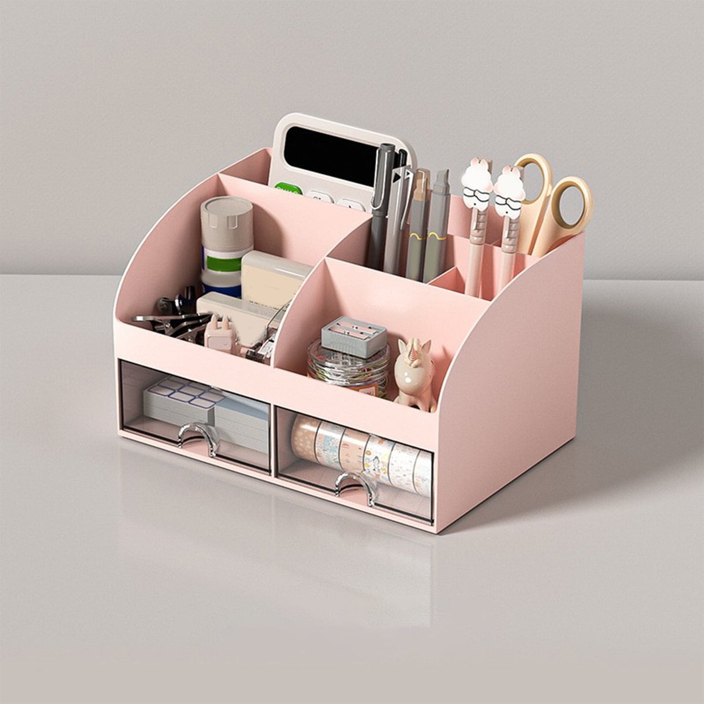 Kdkad Desk Organizer with Drawers, 2 Drawer Desktop Plastic Storage, Rectangular Office Stationery Supplies Desktop Drawers, Clear Desktop Storage Drawers for Office Supplies, Makeup Organizers 5.6×4.7×8.3 in Pink