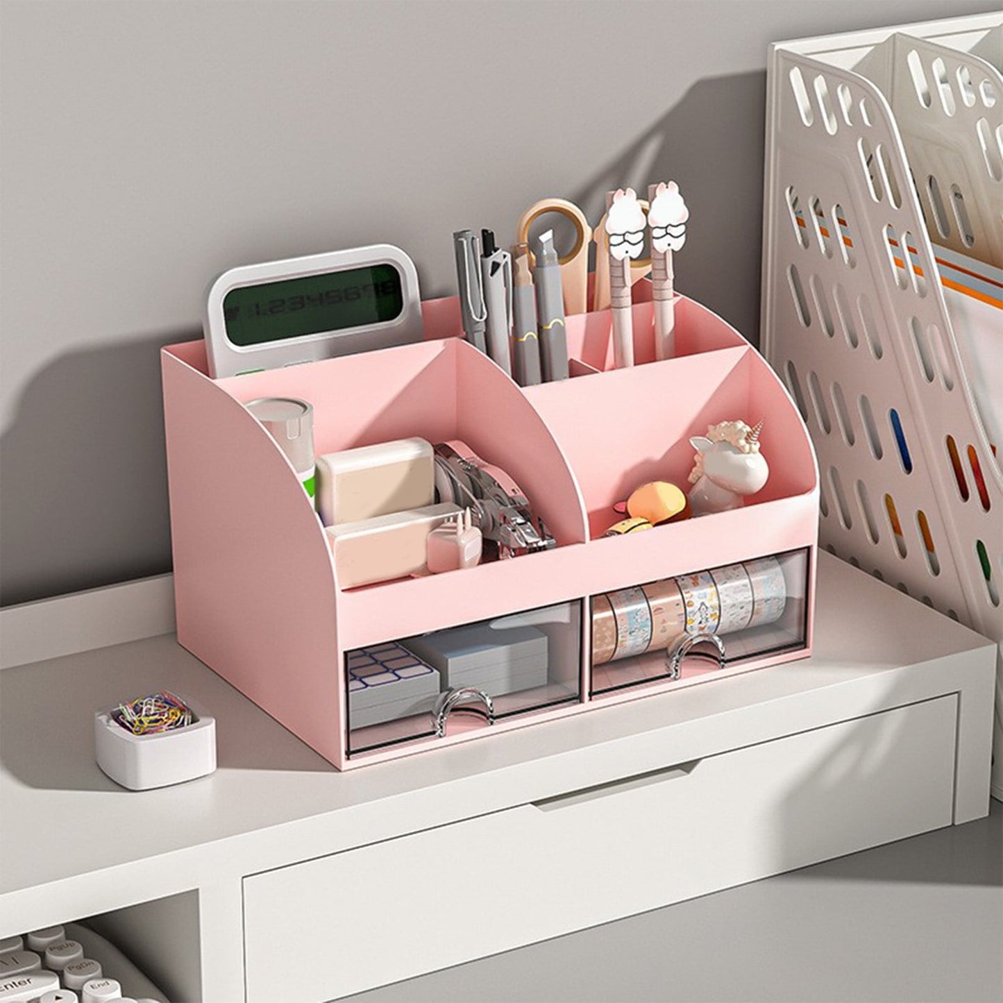 Kdkad Desk Organizer with Drawers, 2 Drawer Desktop Plastic Storage, Rectangular Office Stationery Supplies Desktop Drawers, Clear Desktop Storage Drawers for Office Supplies, Makeup Organizers 5.6×4.7×8.3 in Pink