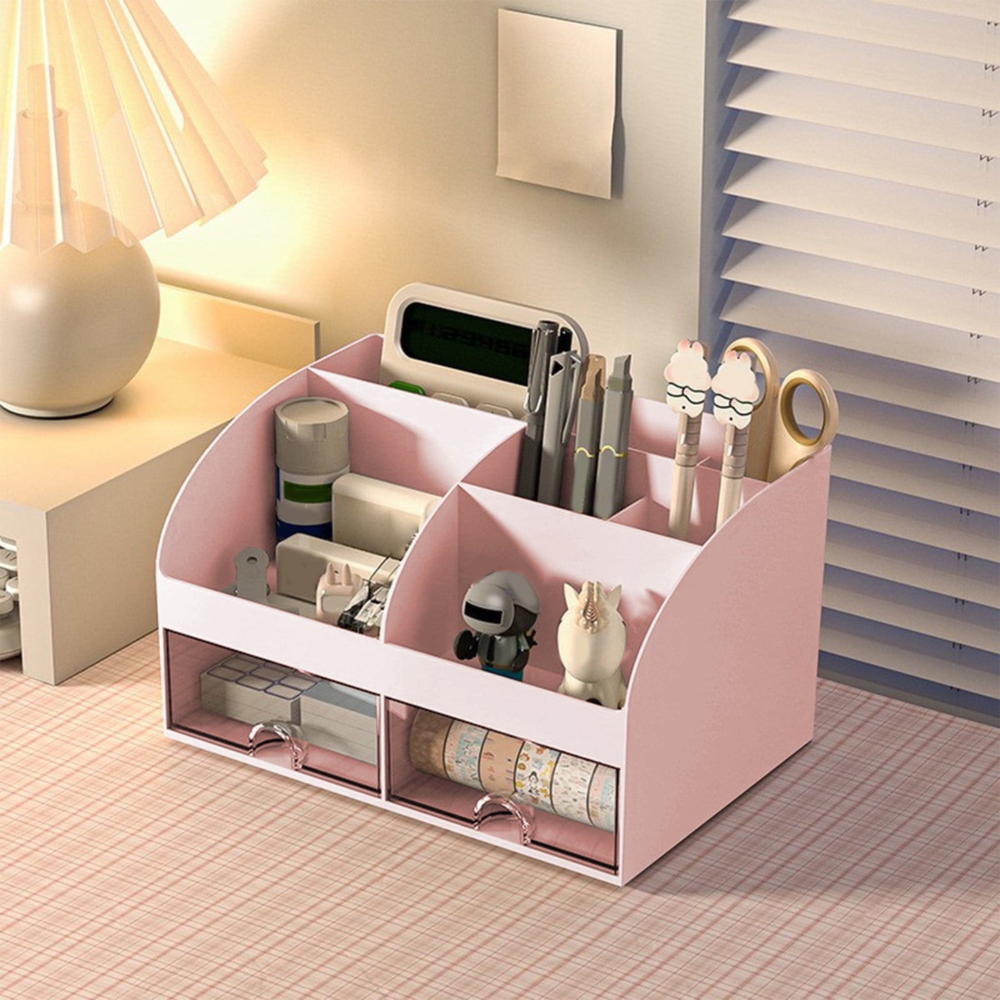 Kdkad Desk Organizer with Drawers, 2 Drawer Desktop Plastic Storage, Rectangular Office Stationery Supplies Desktop Drawers, Clear Desktop Storage Drawers for Office Supplies, Makeup Organizers 5.6×4.7×8.3 in Pink