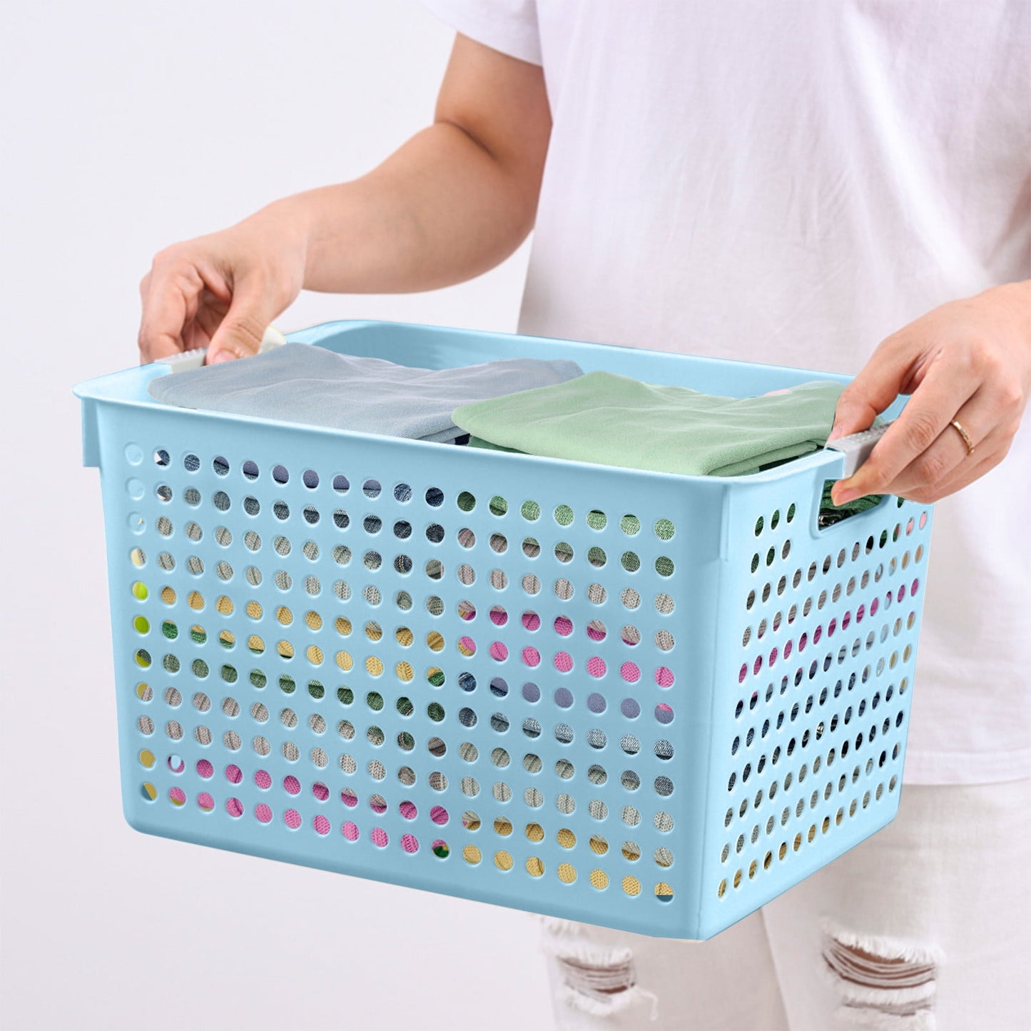 Darzheoy Laundry Basket, 2 pcs Plastic Hamper with Handles, Open Storage Bin to Organize Closets, Cabinets, Pantry, Shelving and Countertop Space, Suitable for Families and Dorms 1PC-Blue