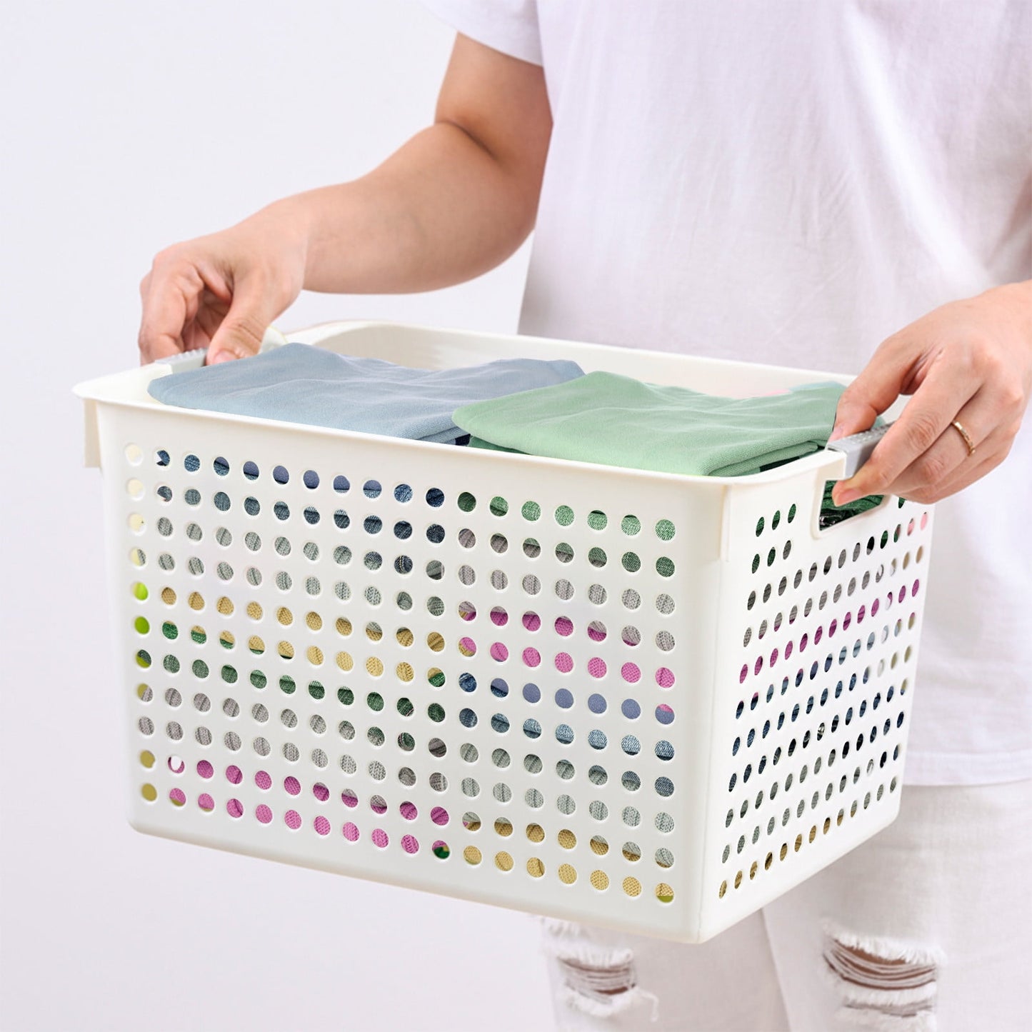 Darzheoy Laundry Basket, 2 pcs Plastic Hamper with Handles, Open Storage Bin to Organize Closets, Cabinets, Pantry, Shelving and Countertop Space, Suitable for Families and Dorms 1PC-White