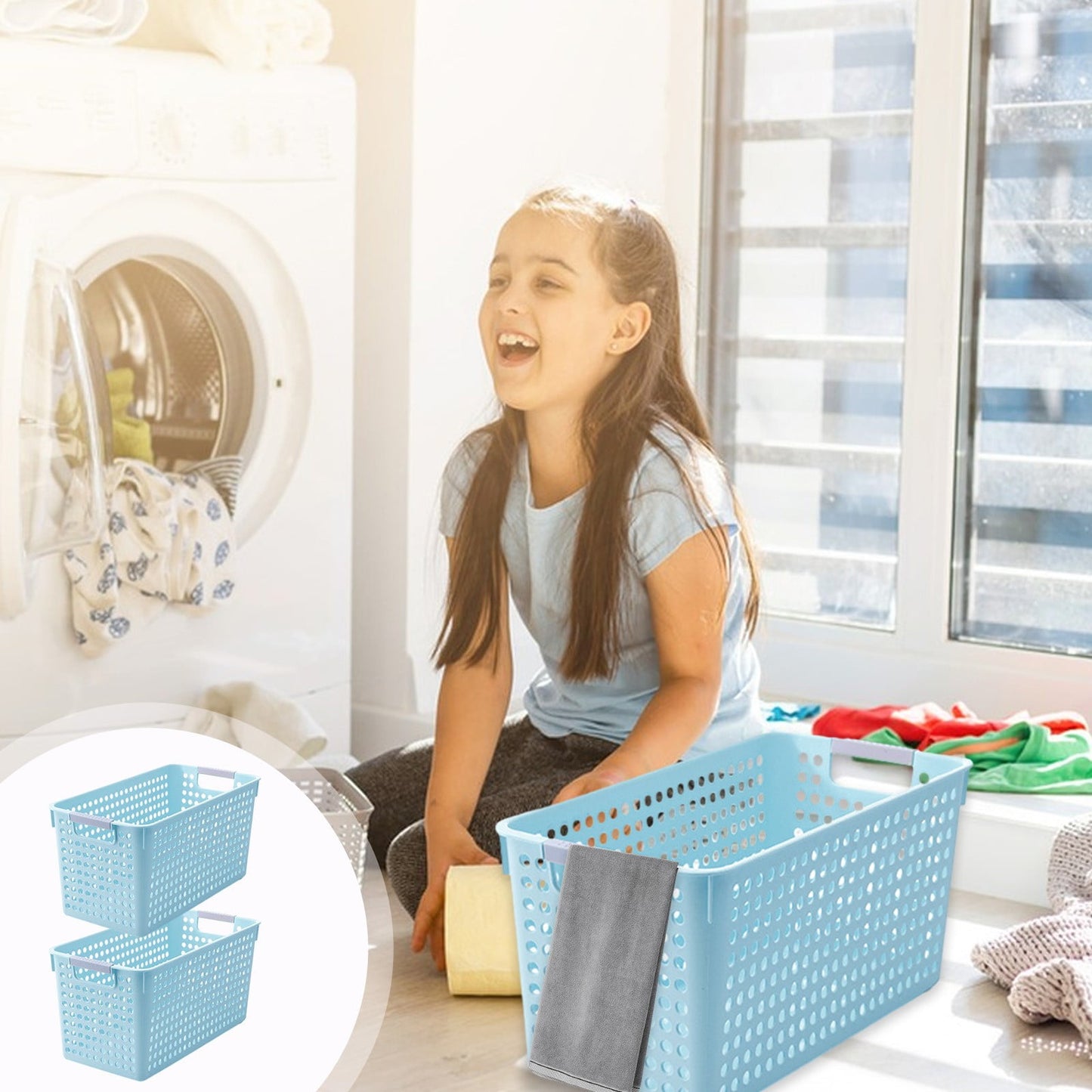 Darzheoy Laundry Basket, 2 pcs Plastic Hamper with Handles, Open Storage Bin to Organize Closets, Cabinets, Pantry, Shelving and Countertop Space, Suitable for Families and Dorms 3PC-Blue