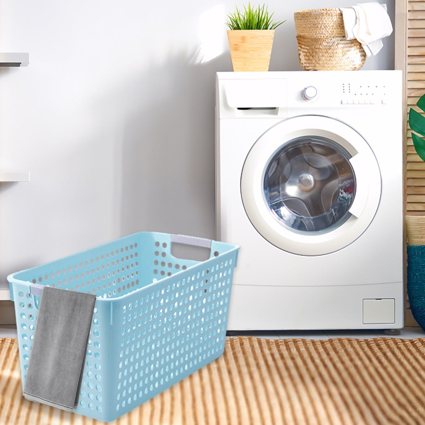 Darzheoy Laundry Basket, 2 pcs Plastic Hamper with Handles, Open Storage Bin to Organize Closets, Cabinets, Pantry, Shelving and Countertop Space, Suitable for Families and Dorms 3PC-Blue